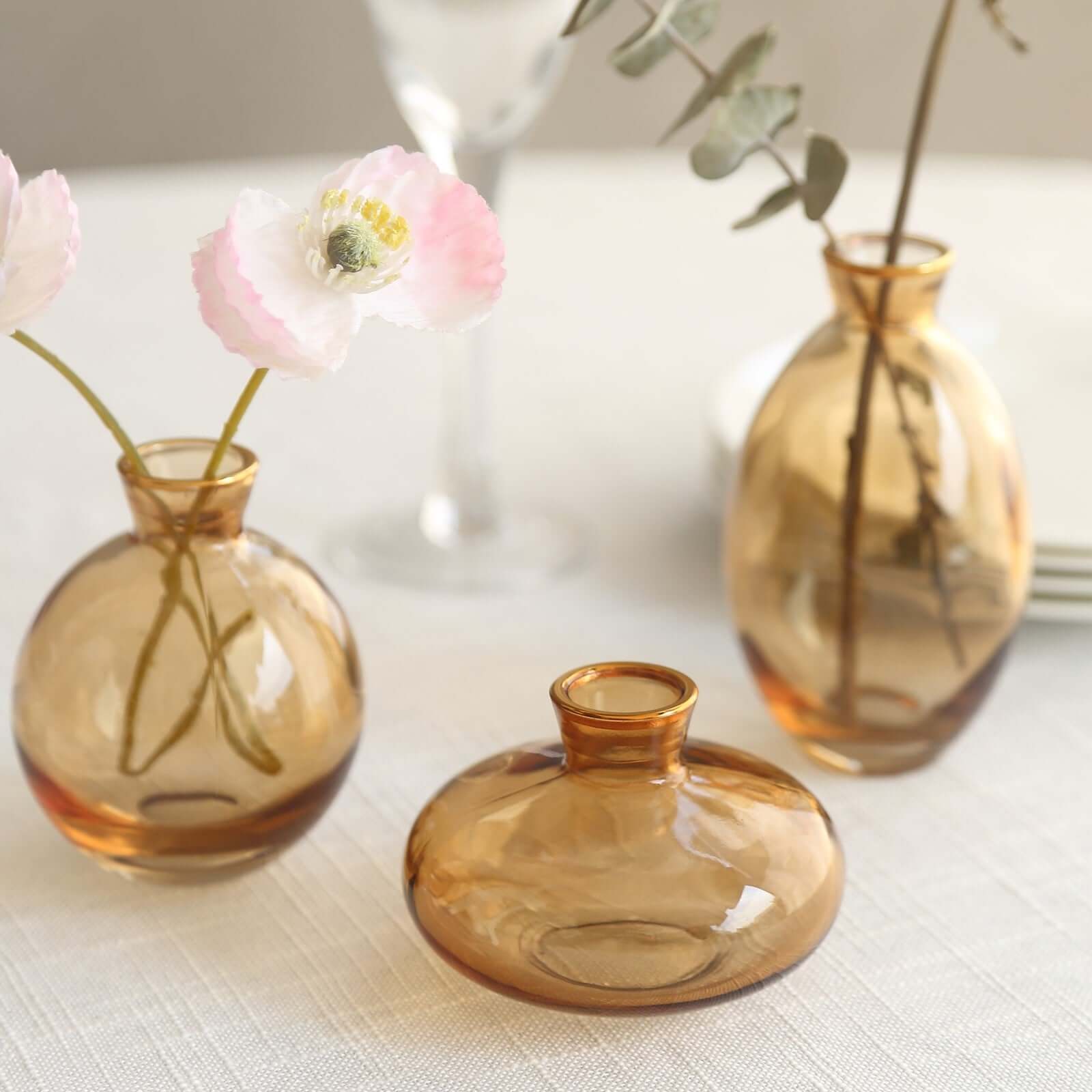 Set of 3 Gold Glass Bud Vases with Metallic Gold Rim - Modern Flower Table Centerpieces Assorted Sizes