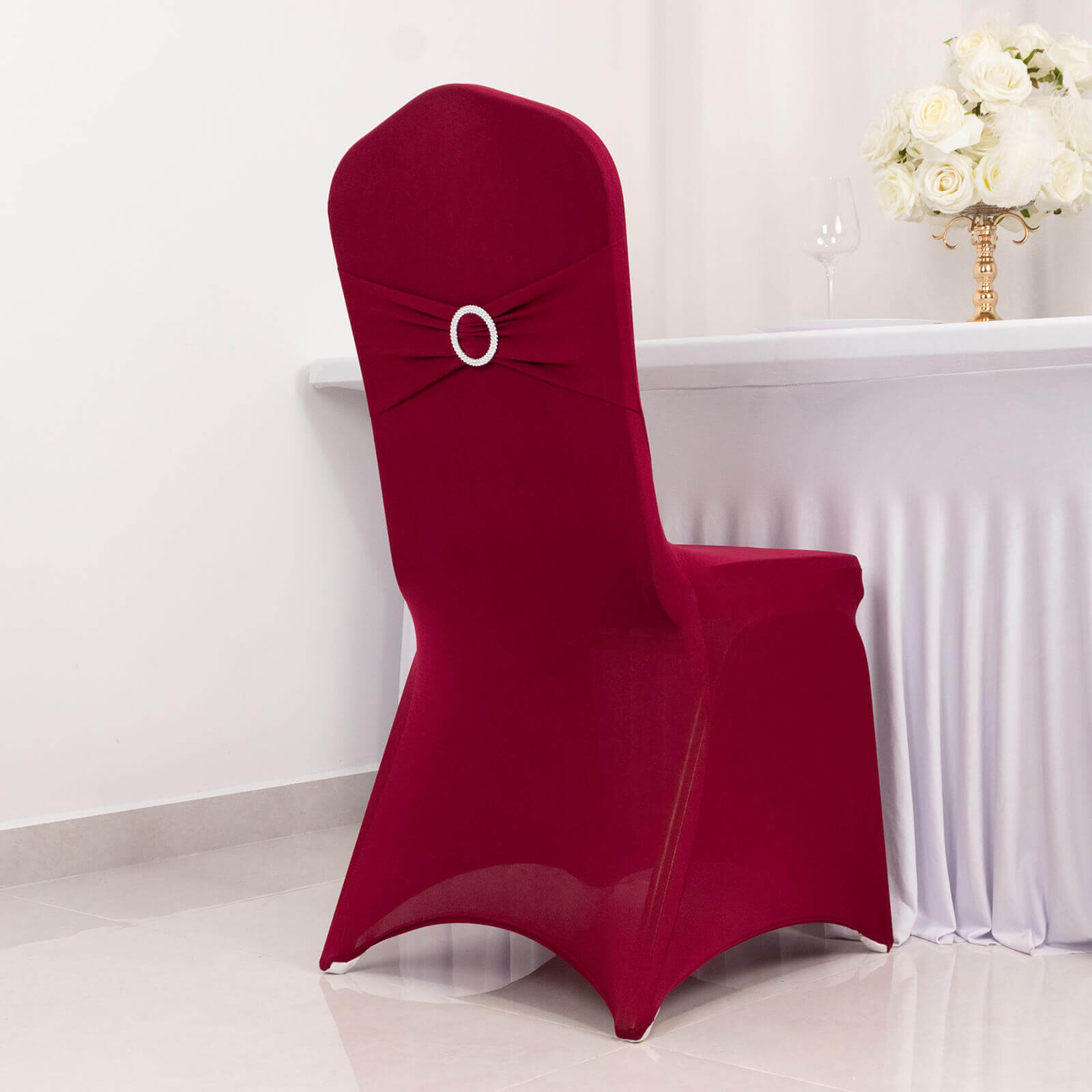 Spandex Chair Cover with Burgundy Rhinestone Buckled Sash Band Blush - Stretch Fitted Slipcover