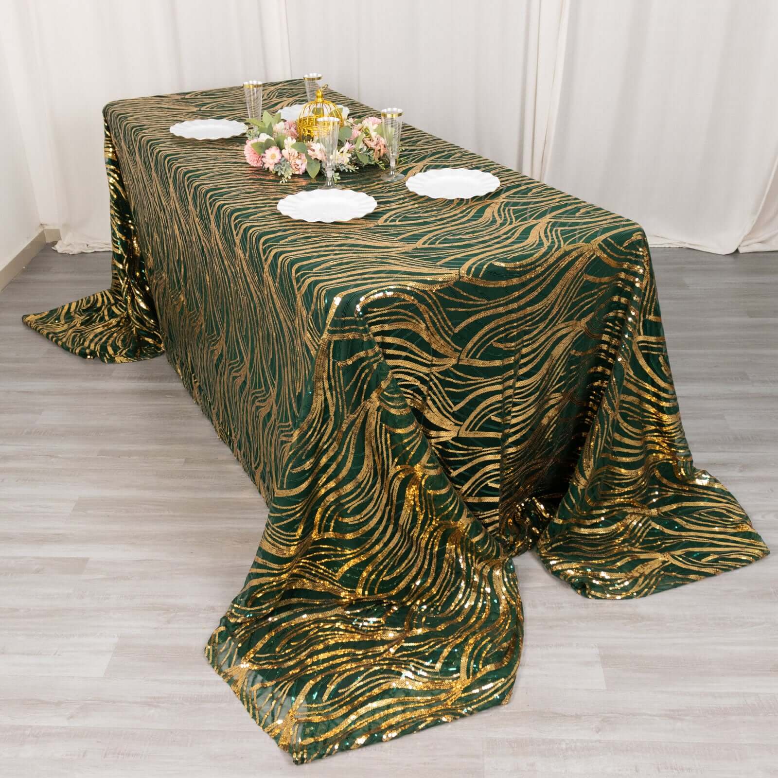 Mesh 90x156 Rectangle Tablecloth Hunter Emerald Green/Gold - Wave Sequin Embroidered Table Cover