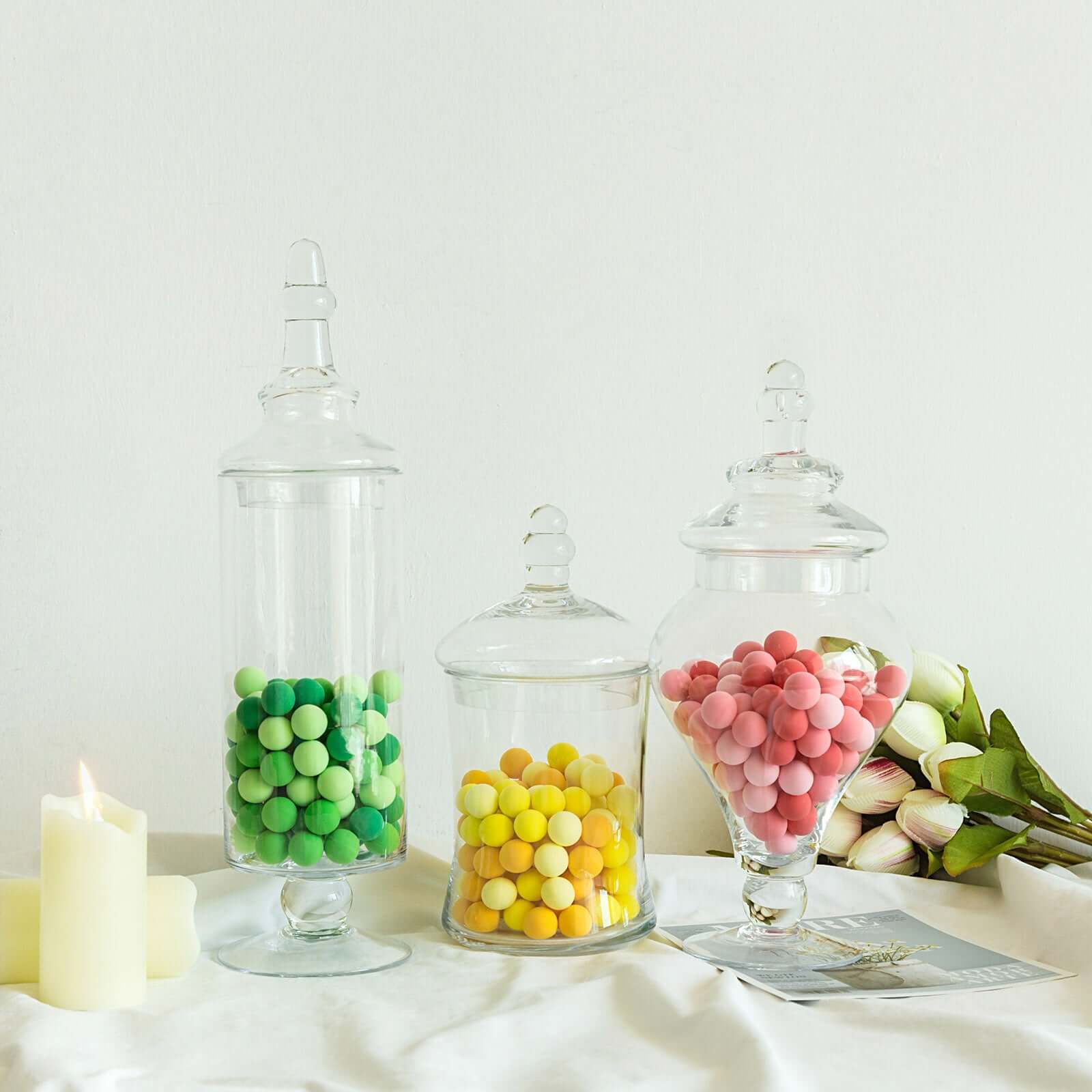 Set of 3 Glass Candy Jars Modern Apothecary Design Clear with Snap-On Lids - Stylish Party Favor Containers 9/13/14