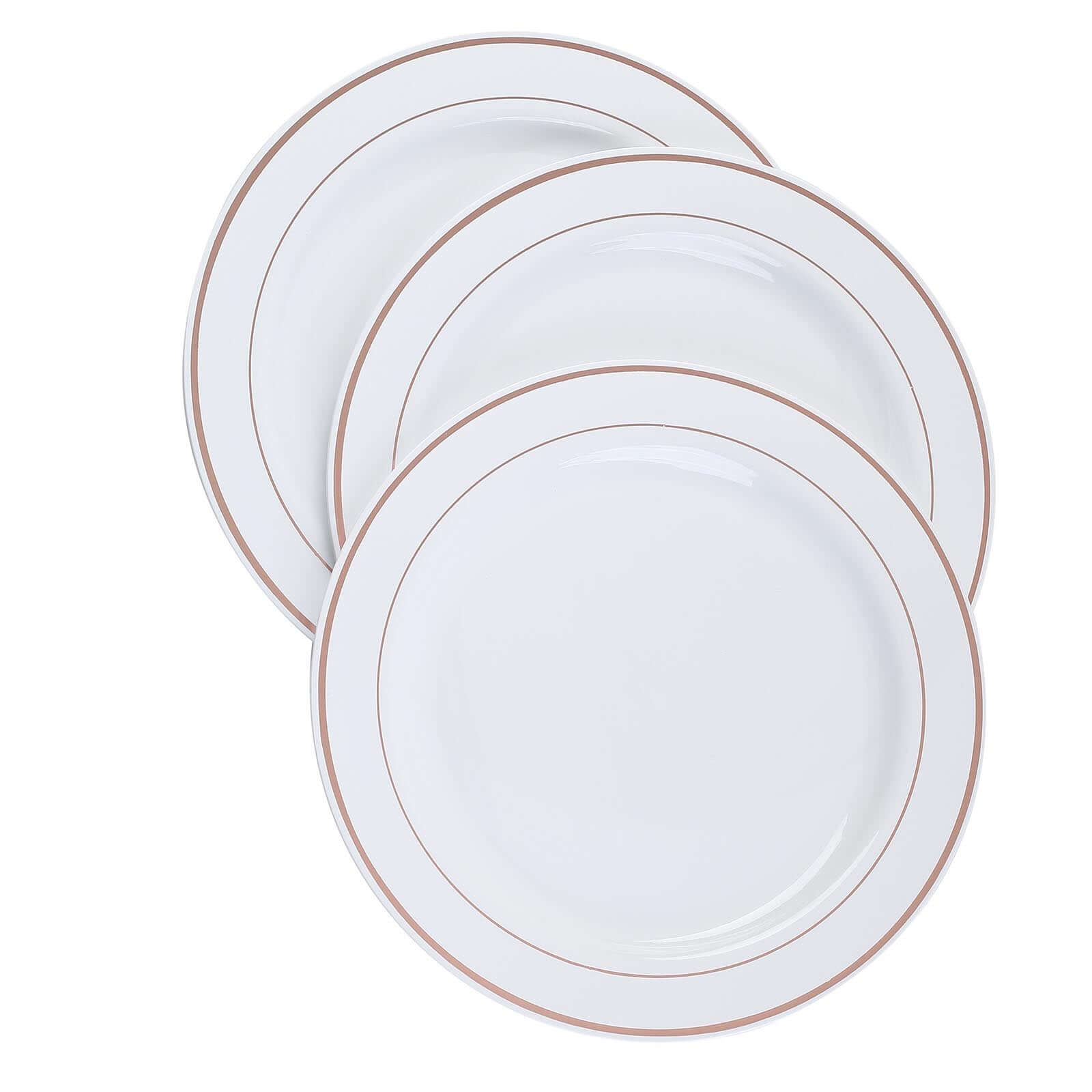 10-Pack Plastic Dinner Plates White with Très Chic Rose Gold Rim - Perfect Disposable Party Plates 10