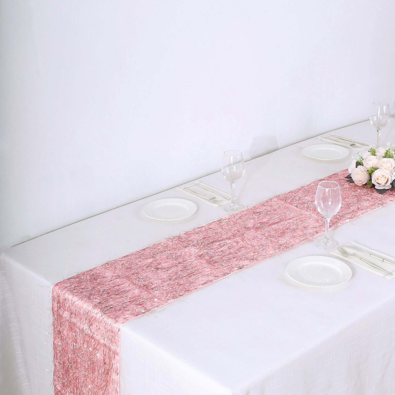 Metallic Tinsel Polyester 12x108 Table Runner Rose Gold - Shimmery Fringe Shag Table Decor