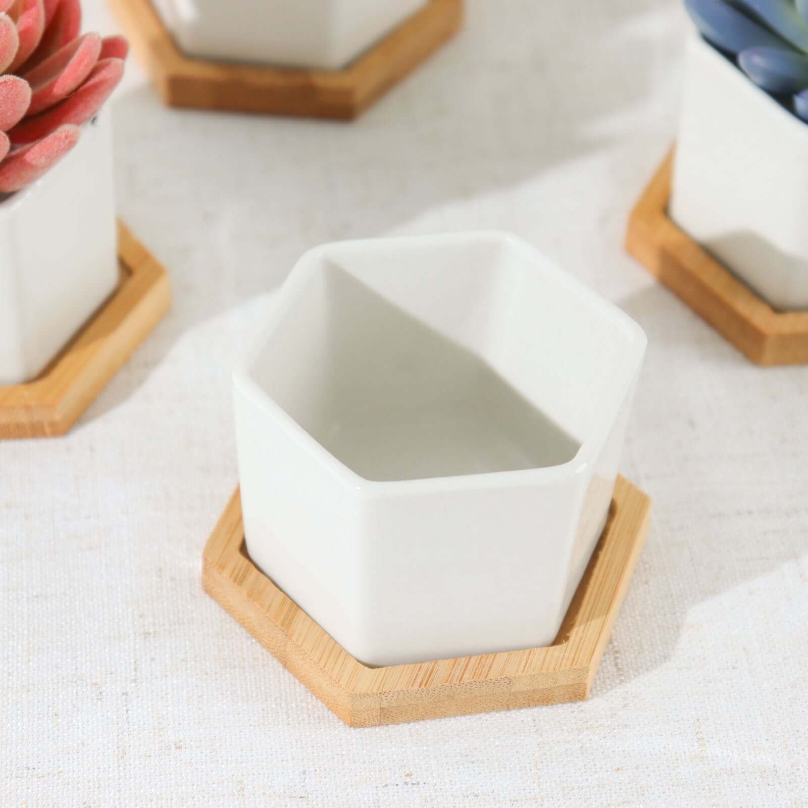 6-Pack Planter Pots Geometric Hexagon Design White - Ceramic Pots with Bamboo Tray and Removable Bottom 3