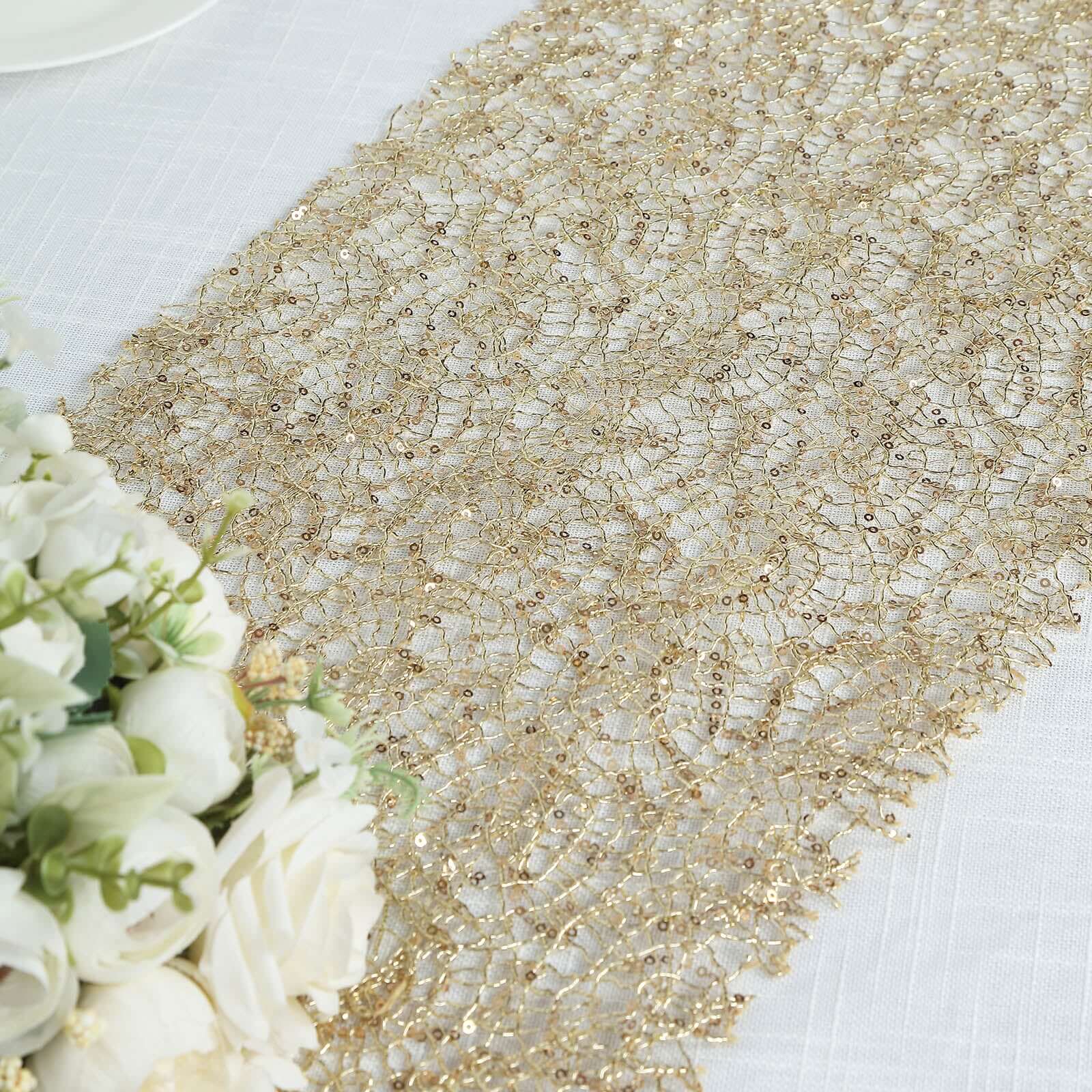 Mesh 12x108 Table Runner Gold - Sequin Schiffli Lace Design for Stylish Celebrations