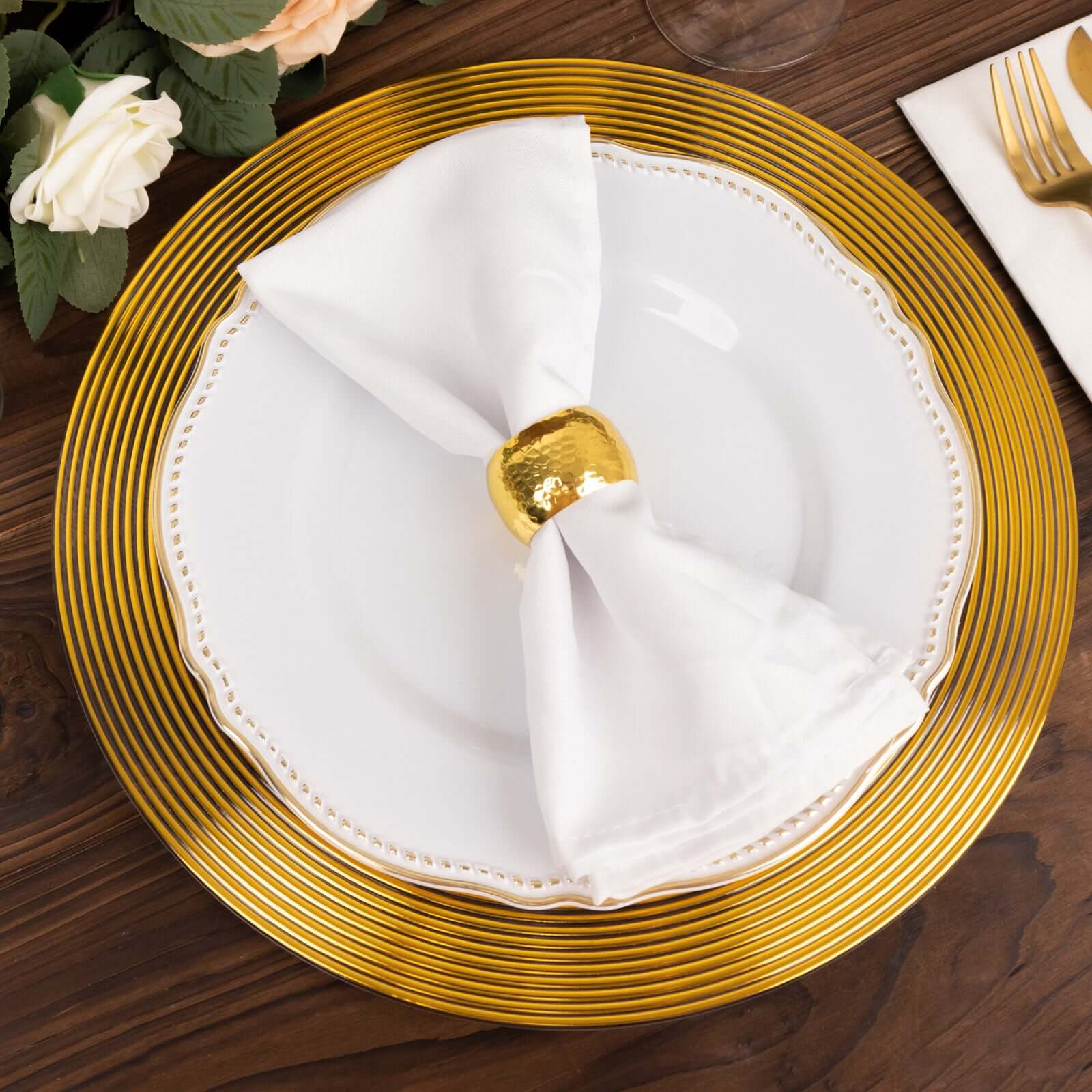 6-Pack Plastic Round Charger Plates 13 in Clear with Gold Lined Ring Rim, Classy Dinner Serving Plates