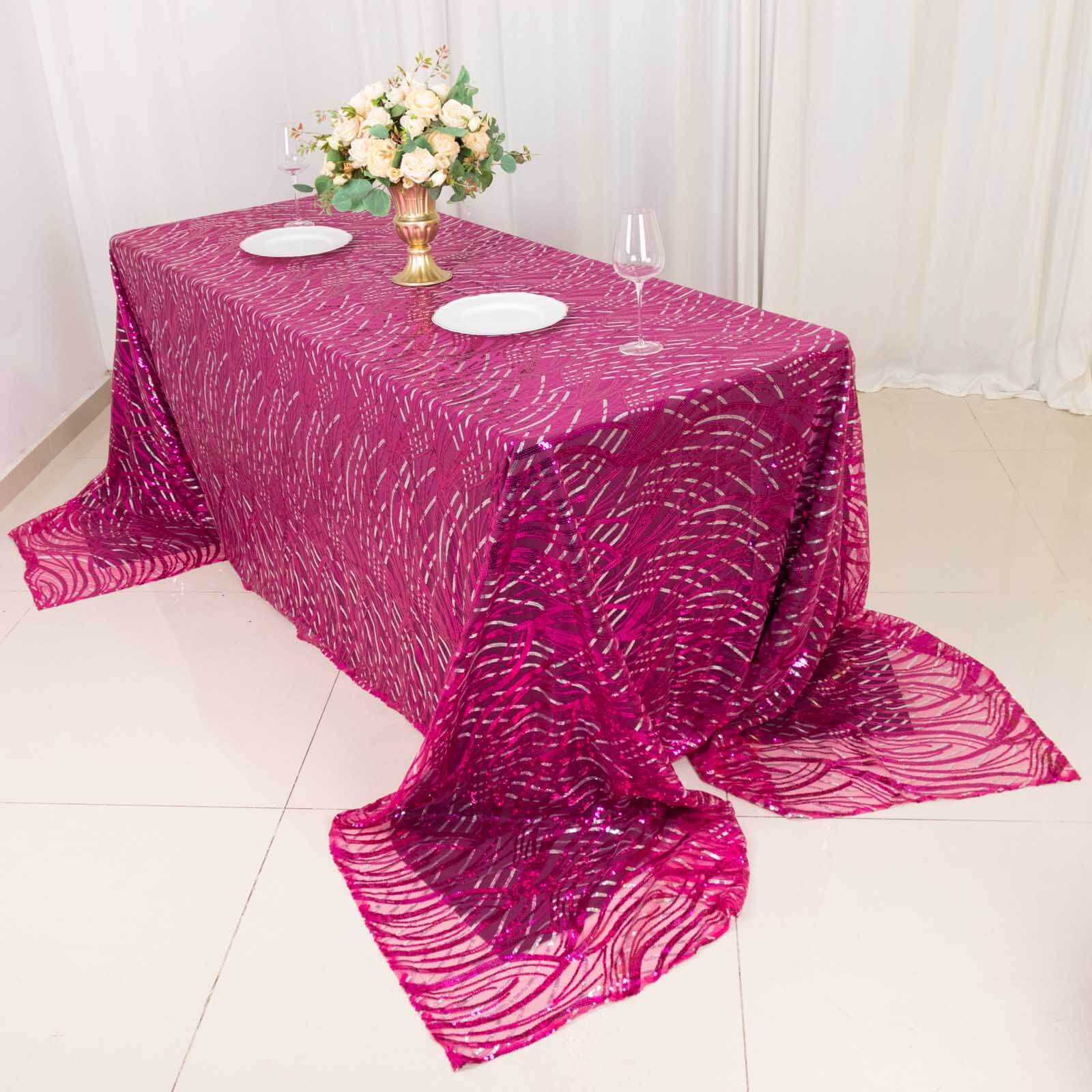 Mesh 90x156 Rectangle Tablecloth Fuchsia/Silver - Wave Sequin Embroidered Table Cover