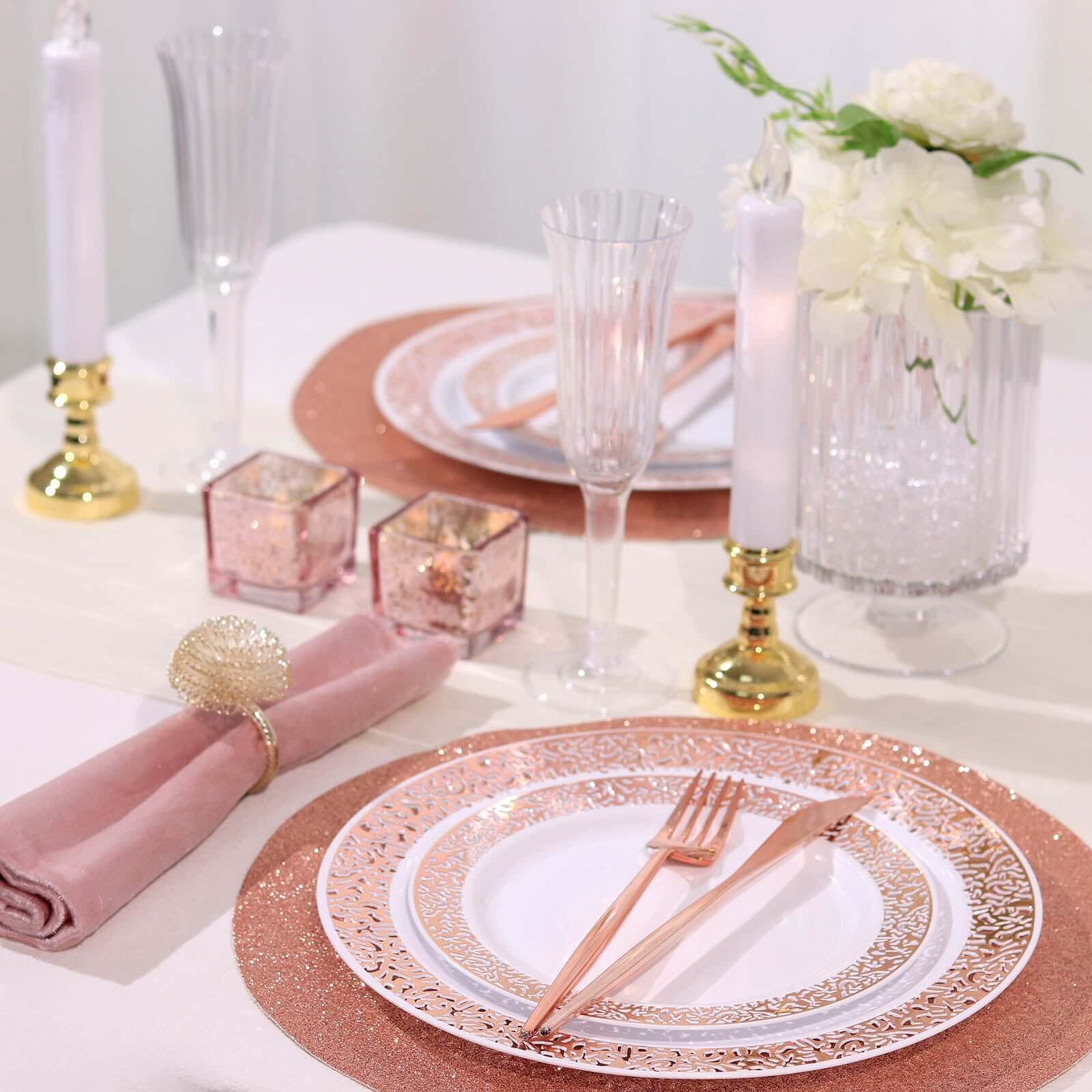 6-Pack Placemats Glitter Design Rose Gold Sparkle Round - Non-Slip Decorative Dining Table Mats 13