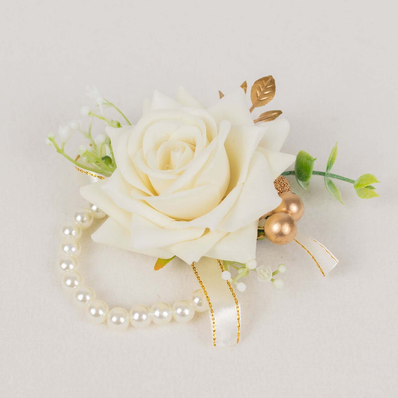 2 Pack White Artificial Rose Wrist Corsages With Pearls, 4 Flower Bracelet Wedding Accessories