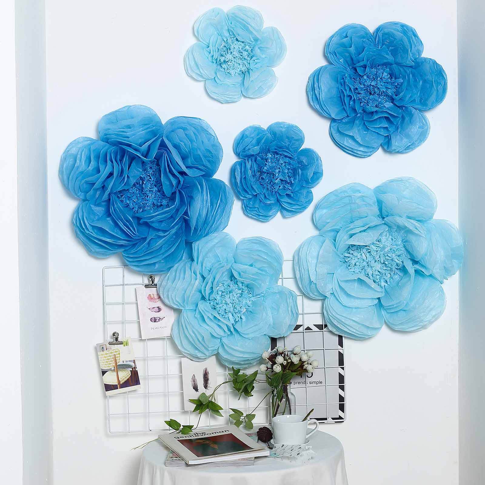 Set of 6 Periwinkle Turquoise Peony 3D Paper Flowers Wall Decor - 7,9,11