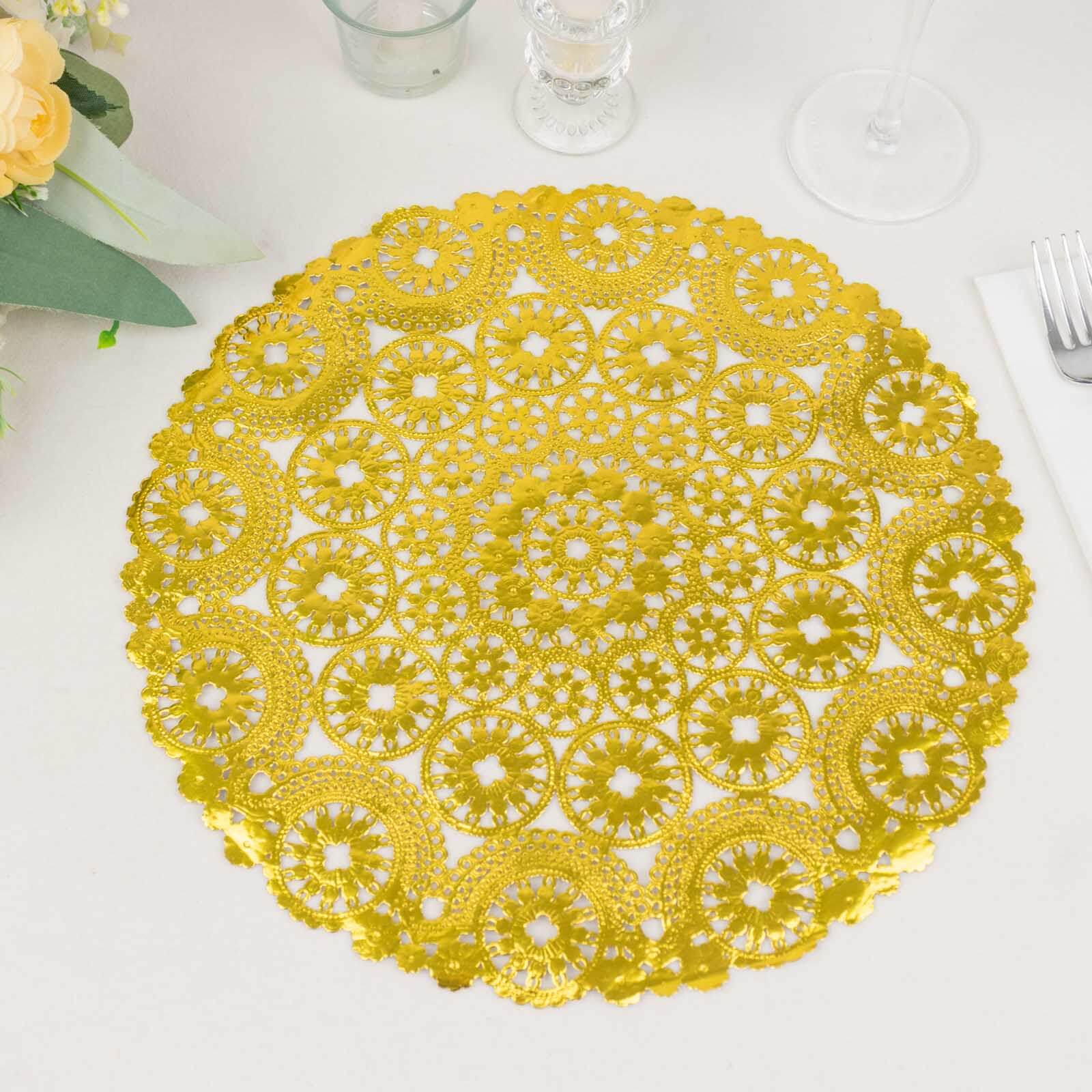 50-Pack Paper 12 Round Placemats in Metallic Gold - Disposable 50GSM Lace Doilies with Medallion Style for Dessert Display & Table Decor