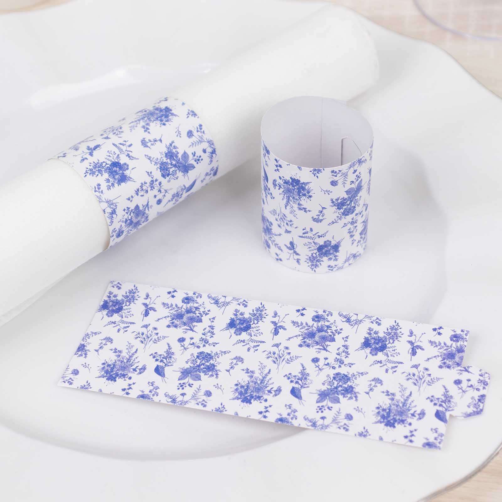 50 Pack White Blue Paper Napkin Holder Bands in French Toile Floral Pattern, Disposable Napkin Rings - 1.5