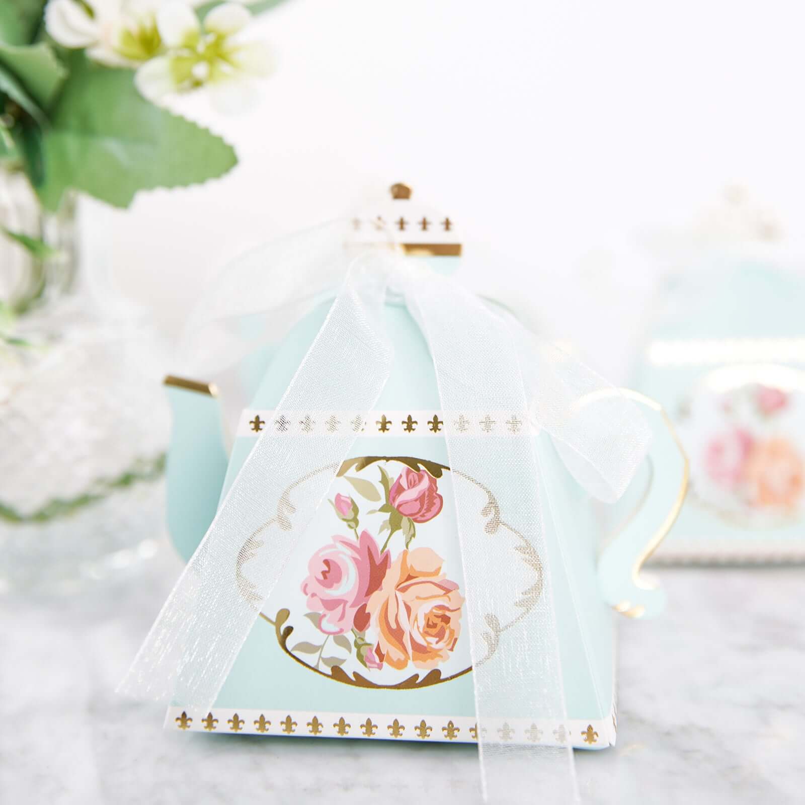 25 Pack 4 Light Turquoise Mini Teapot Favor Boxes, Vintage Rose Gift Boxes with Ribbons