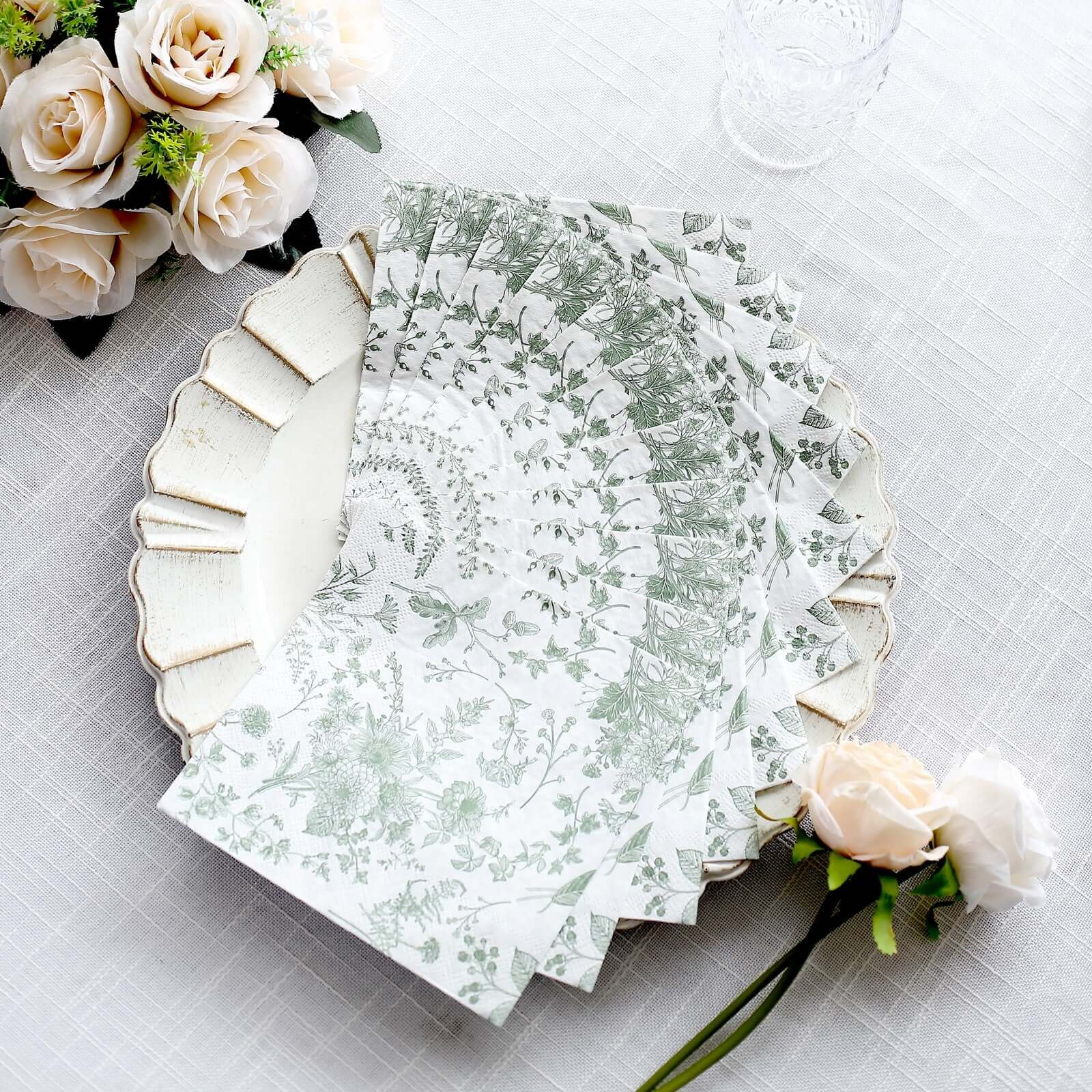 20-Pack Paper Cocktail Napkins with French Toile Print White/Sage Green - Disposable 2 Ply Beverage Napkins for Events 5x5