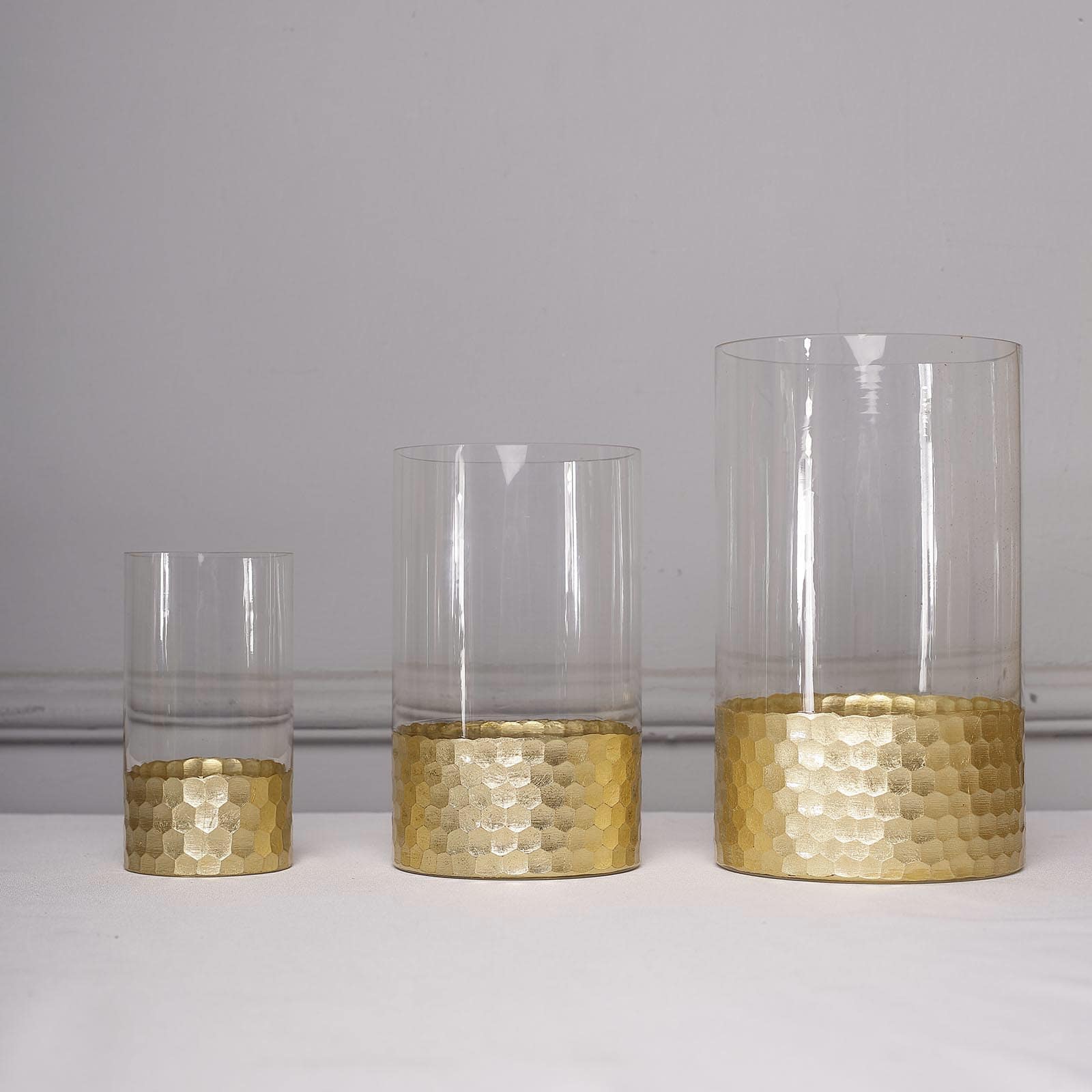 Set of 3 Glass Cylinder Vases Honeycomb Design Clear with Gold Base - Decorative Candle Holder Centerpieces 6, 8, 10