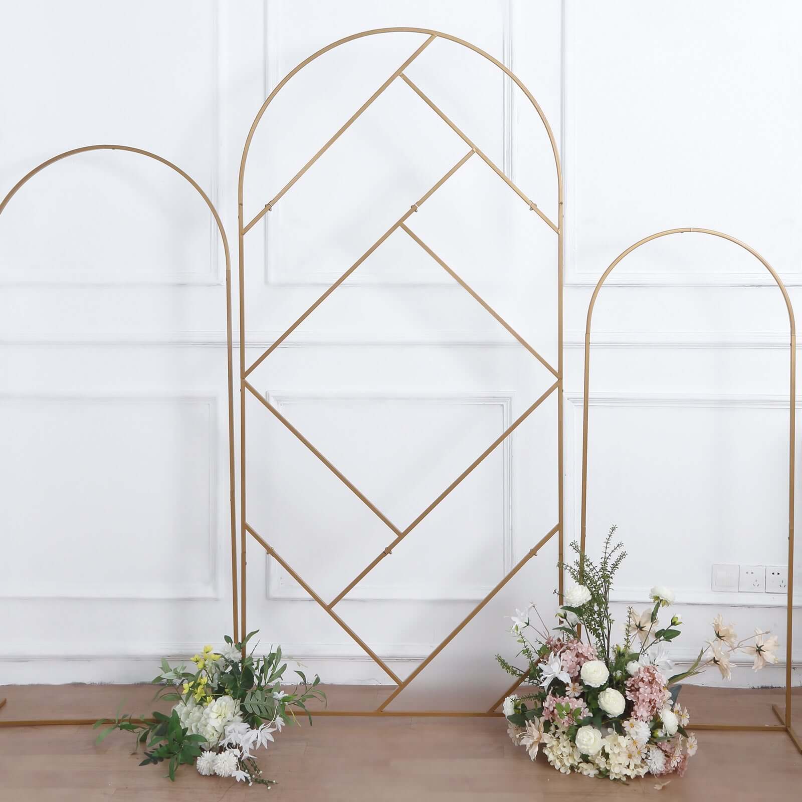 7ft Tall Gold Metal Round Top Geometric Flower Frame Prop Stand, Rectangular Wedding Backdrop Floor Stand With Cloudy Film Insert