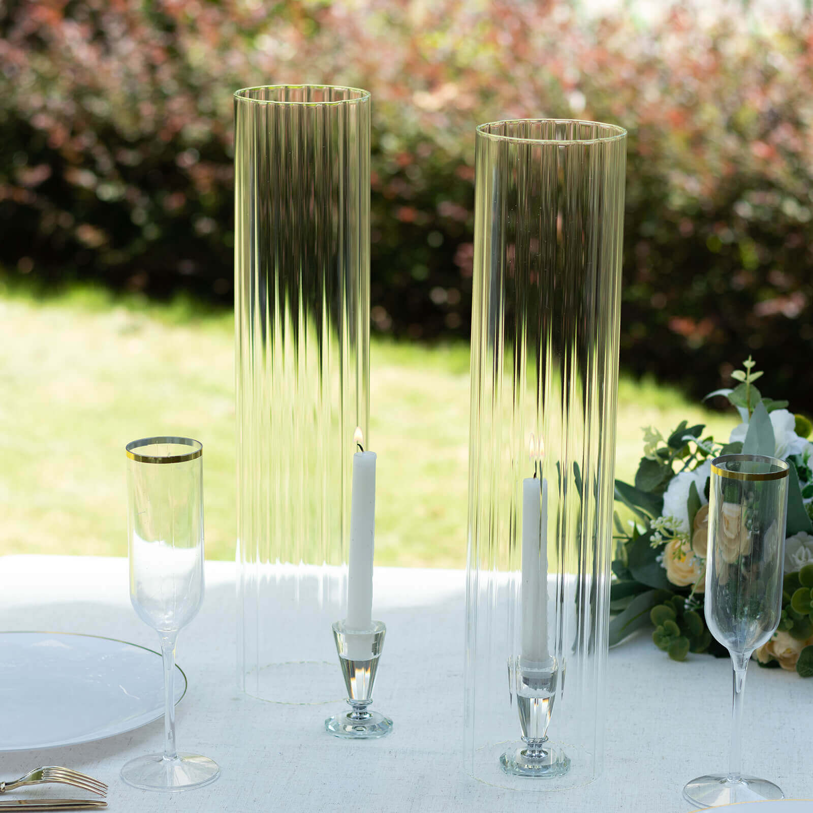 2-Pack Clear Ribbed Glass Hurricane Shades Open End Design - Stylish Candelabra Pillar Candle Holder Table Centerpiece 18