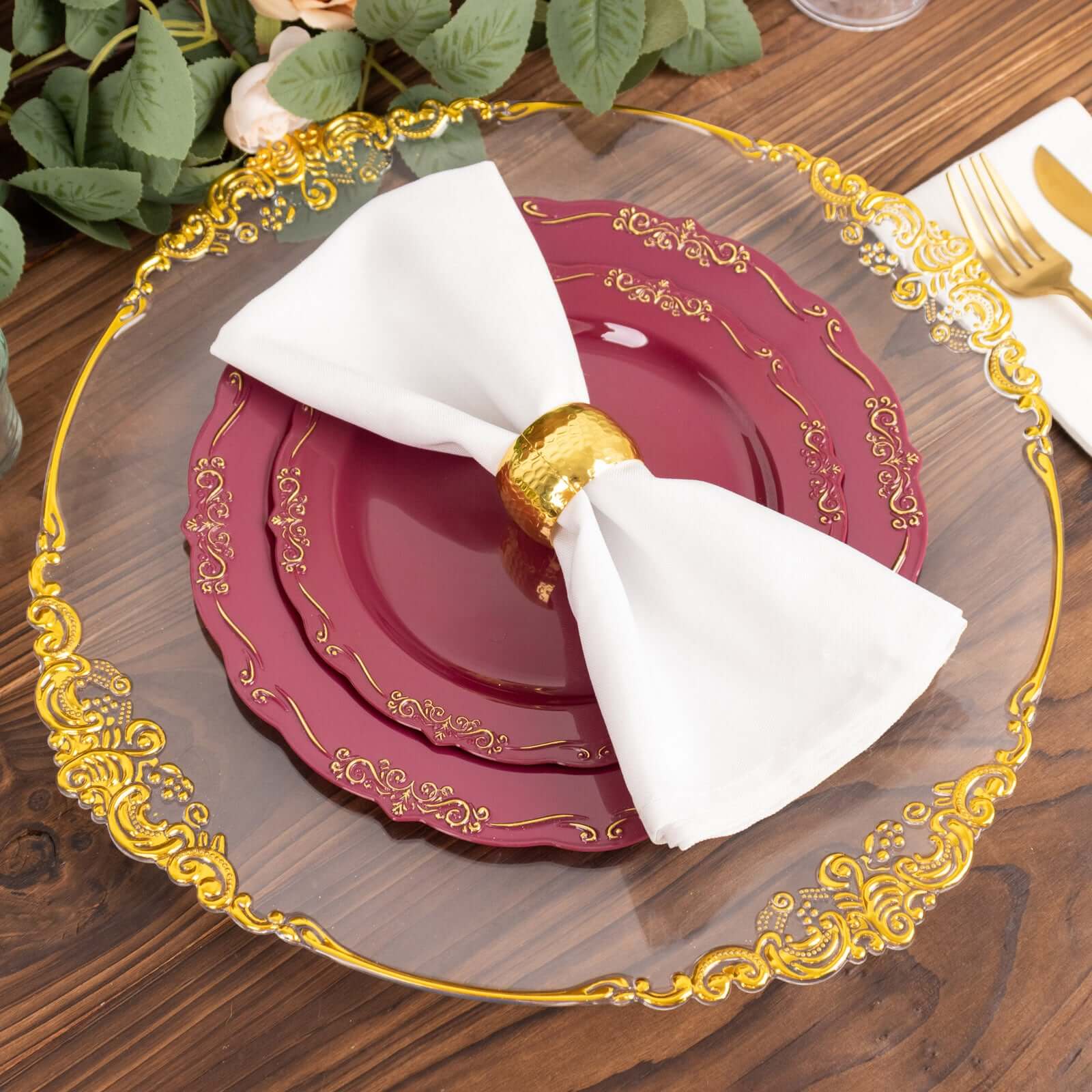 10-Pack Plastic 10 Round Dinner Plates in Burgundy with Gold Vintage Embossed Rim - Sturdy Disposable Scalloped Edge Party Plates for Sophisticated Events & Celebrations