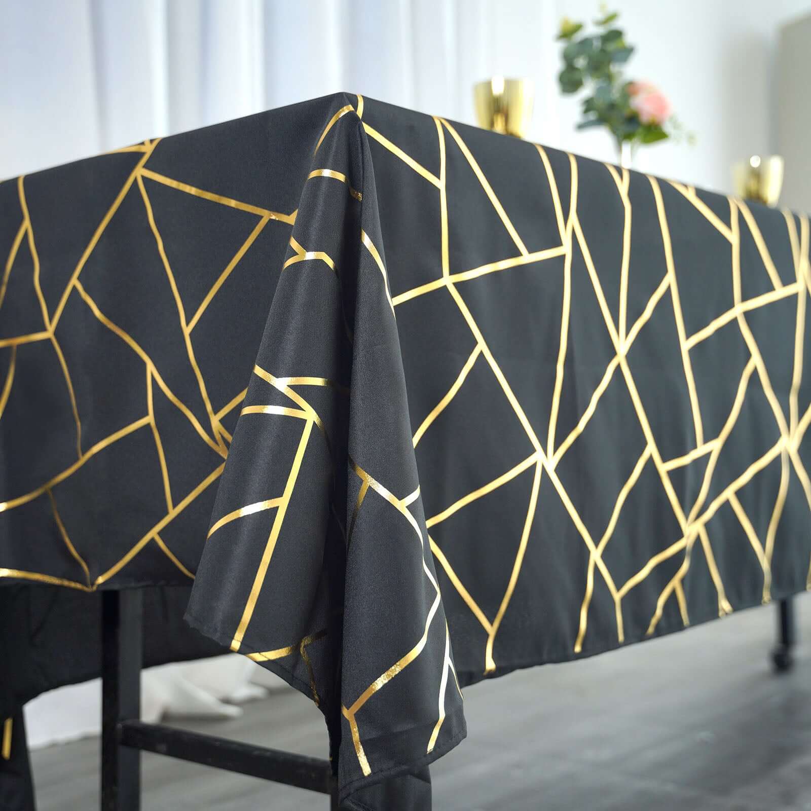 Polyester 60x102 Rectangle Tablecloth Black with Gold Foil Geometric Pattern - Wrinkle-Resistant & Durable Table Cover