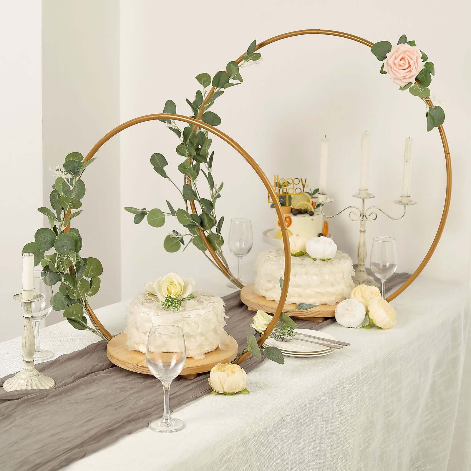 Metal Round Floral Hoop Cake Stand Gold - Chic Geometric Dessert Display DIY Centerpiece Table Decoration With Wooden Base 33