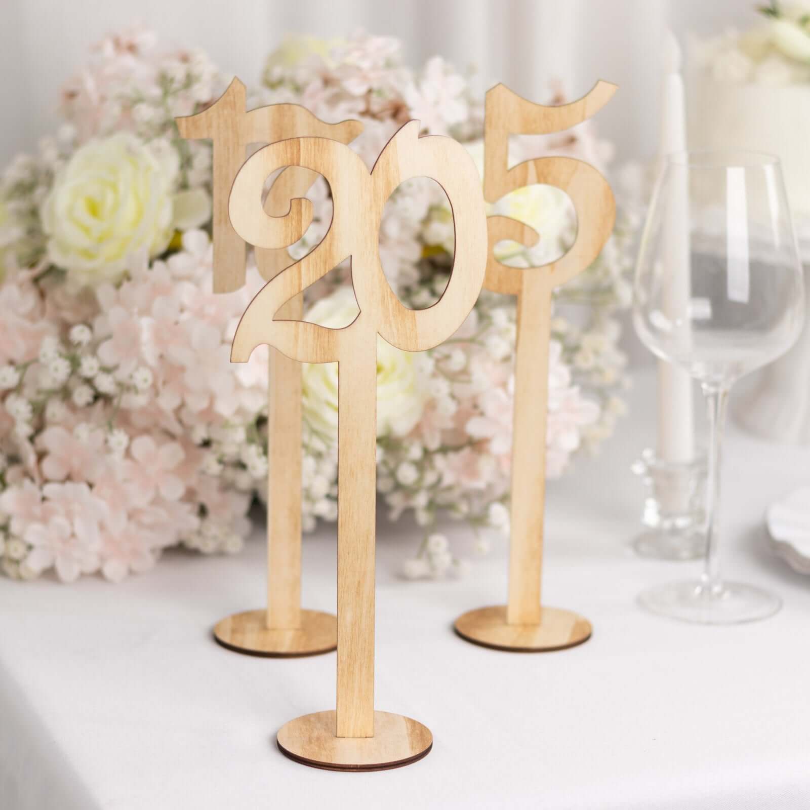 Set of 20 Wooden Wedding Table Numbers Natural 1-20 with Round Holder Base - Rustic Table Signs for Receptions 11 Tall