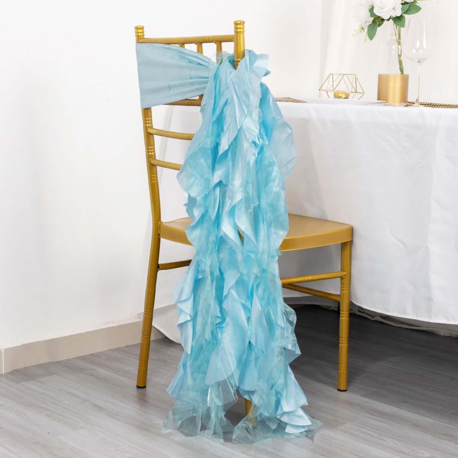 5 Pack Chiffon Satin Chair Sashes Light Blue - Easy to Install Ruffled Curly Willow