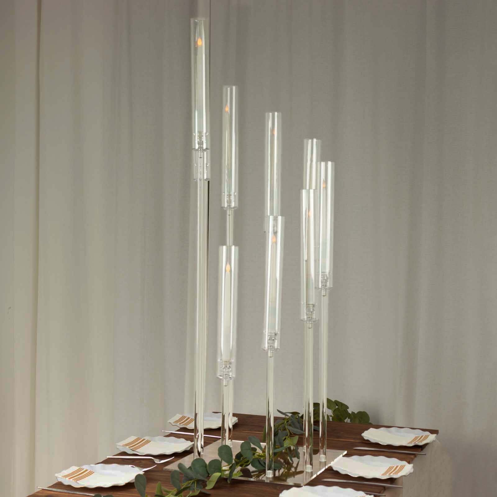 9-Arm Cluster Acrylic Candelabra Clear with Square Base - Sophisticated Taper Candle Holder Table Centerpiece for Pillar Candles 4ft