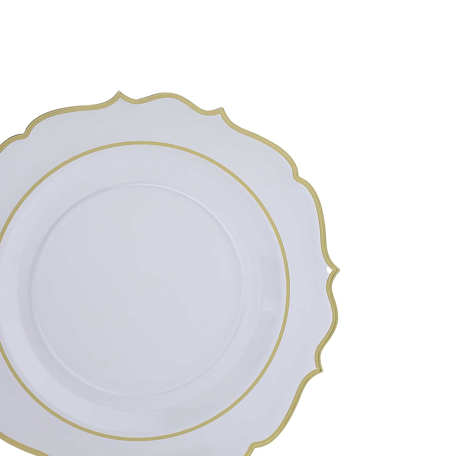 10-Pack Economy Plastic Round Charger Plates 13 in Clear with Gold Scalloped Rim, Decorative Dinner Party Serving Plates