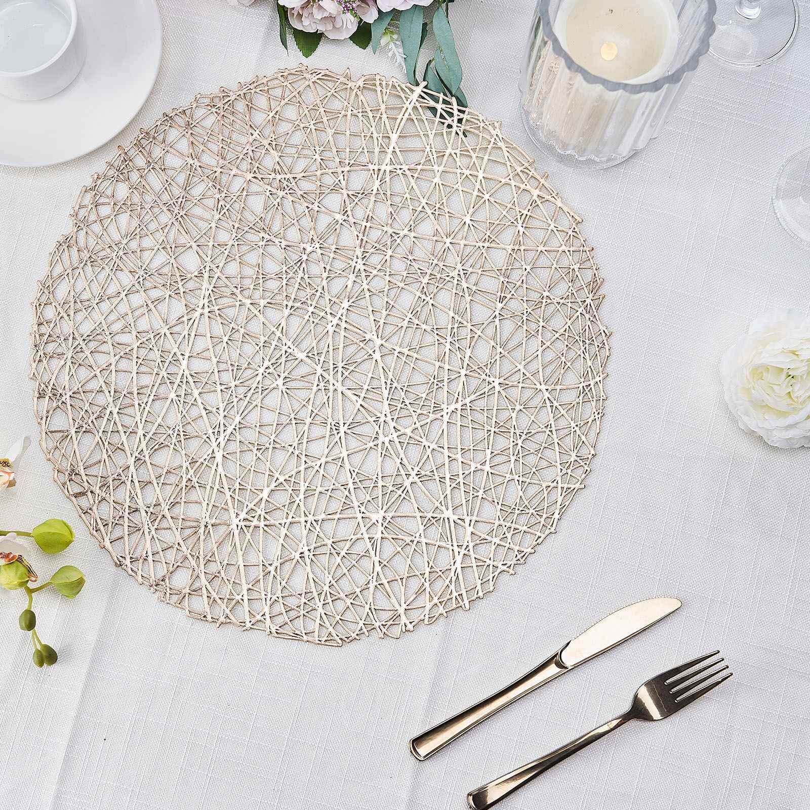 6-Pack Vinyl Placemats Champagne Woven Design - Durable Non-Slip Round Table Mats for Dining 15