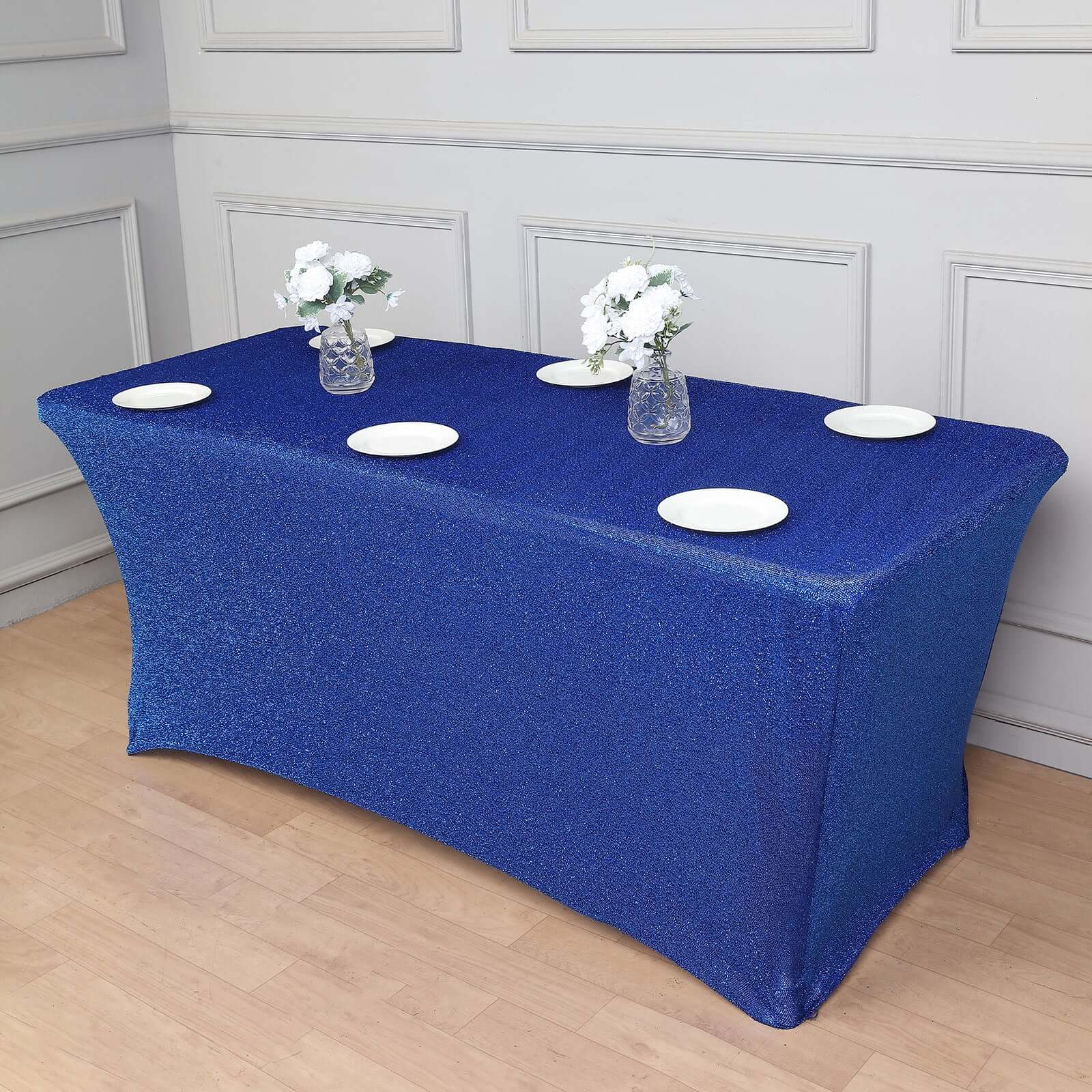 Royal Blue Metallic Shimmer Tinsel Spandex Tablecloth 6ft Rectangle Fitted Table Cover for 72x30 Tables