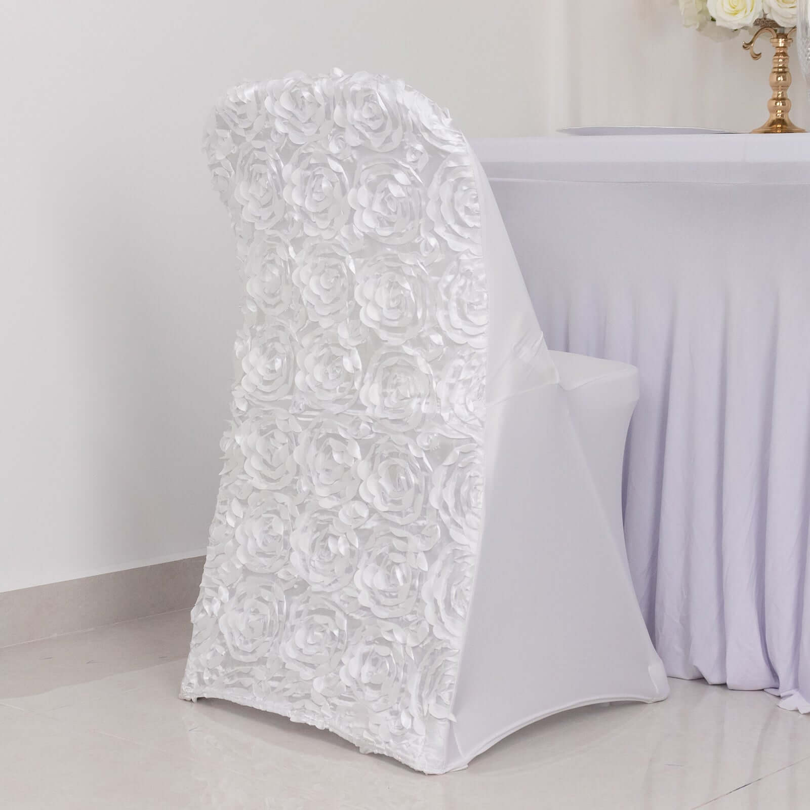 Spandex Chair Cover White for Folding Chairs - Durable Stretch Fitted Slipcover with Satin Rosette Design for Classy Events