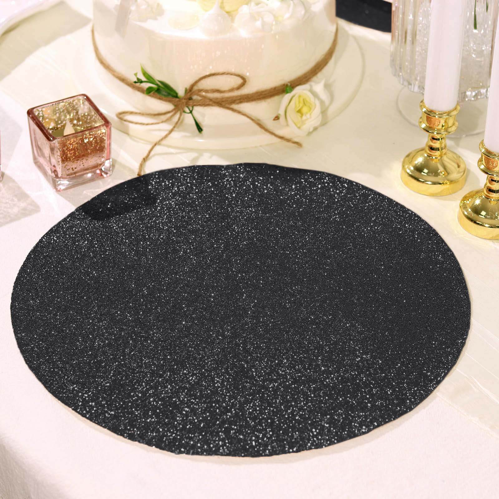 6-Pack Placemats Glitter Design Black Sparkle Round - Non-Slip Decorative Dining Table Mats 13