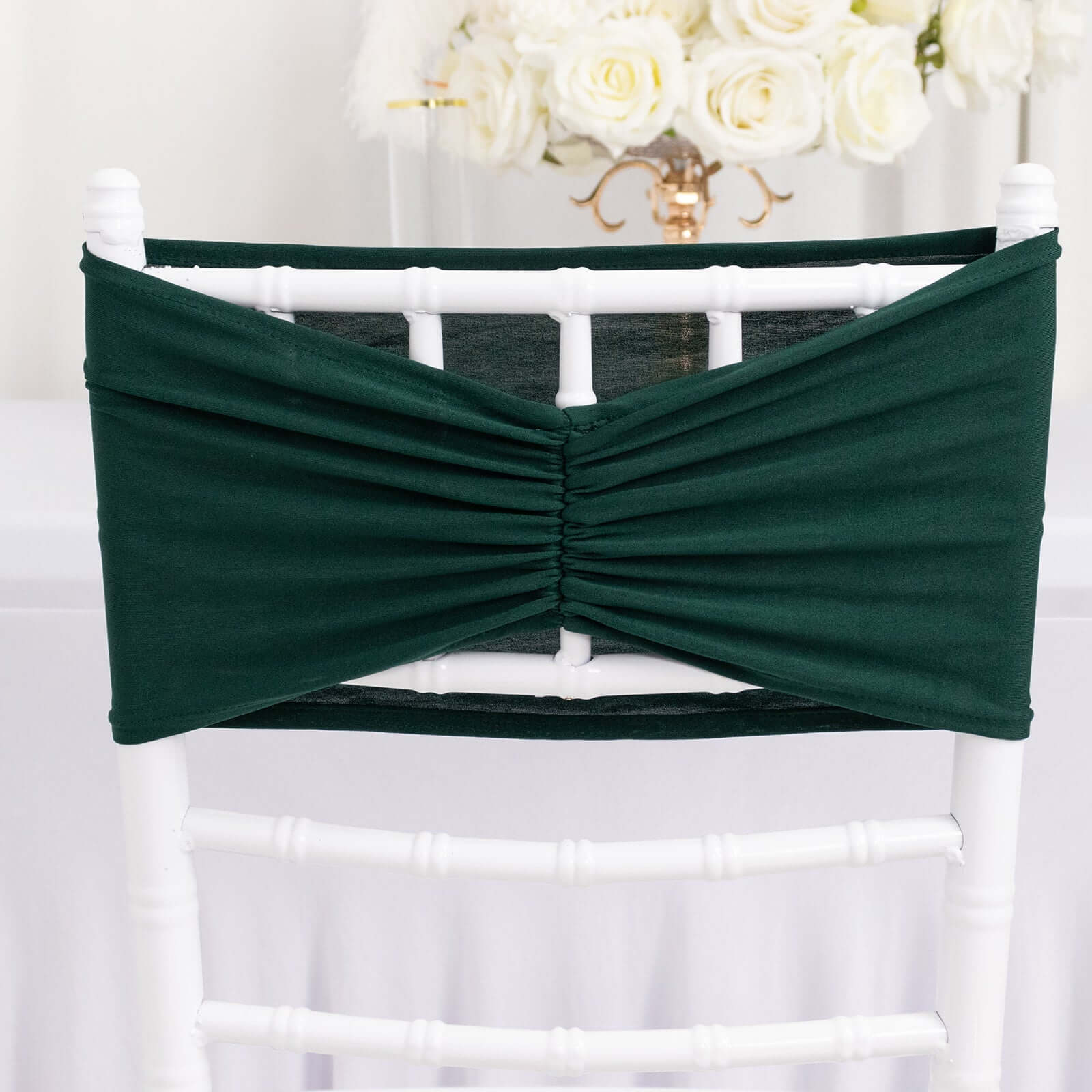 5 Pack Spandex Chair Sashes Hunter Emerald Green Ruffled Style - Wide Easy to Use Stretch Chair Bands 8x13