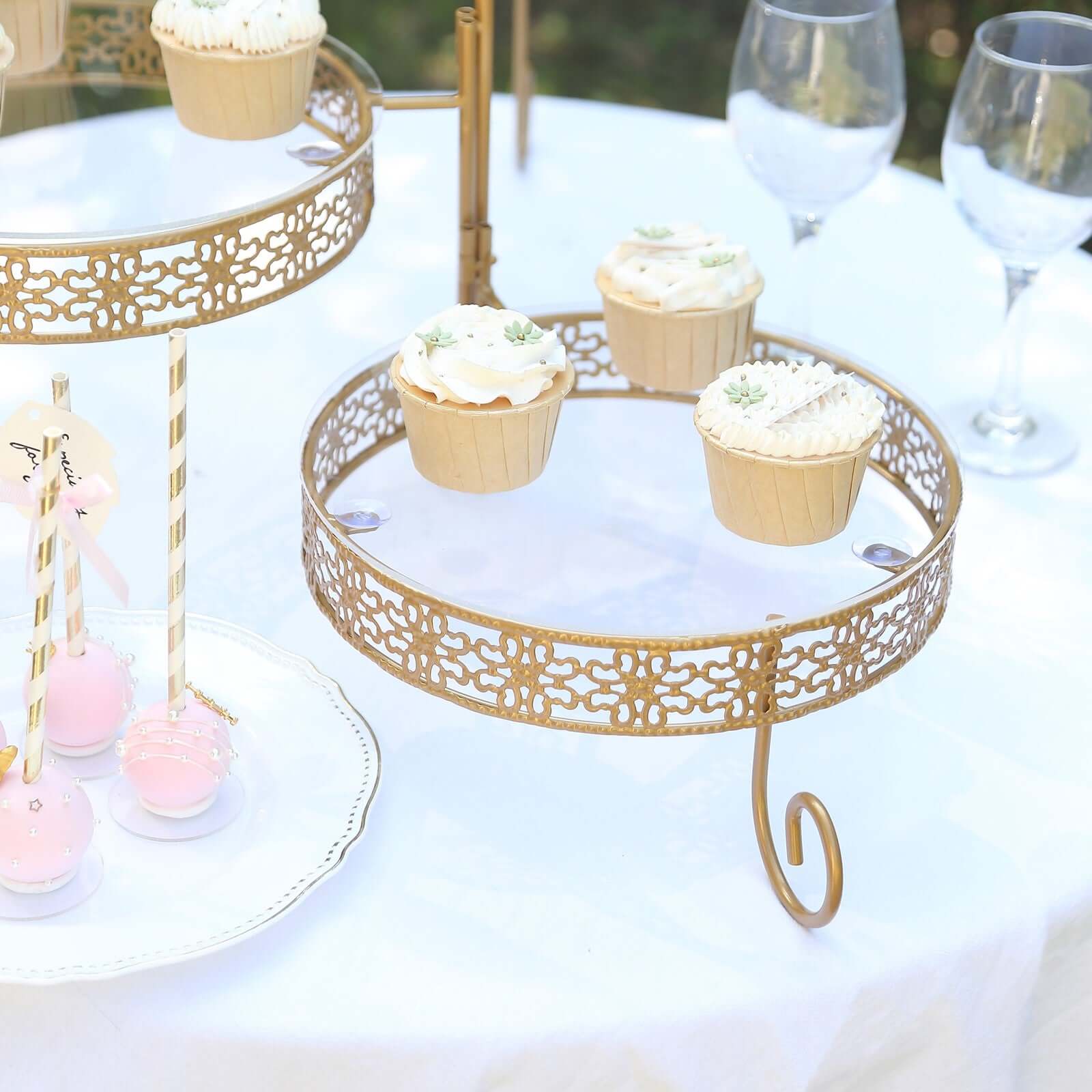 3-Tier Metal Rotating Cupcake Stand with Clear Acrylic Round Plates Gold - Hollow Lace Design Dessert Display 28