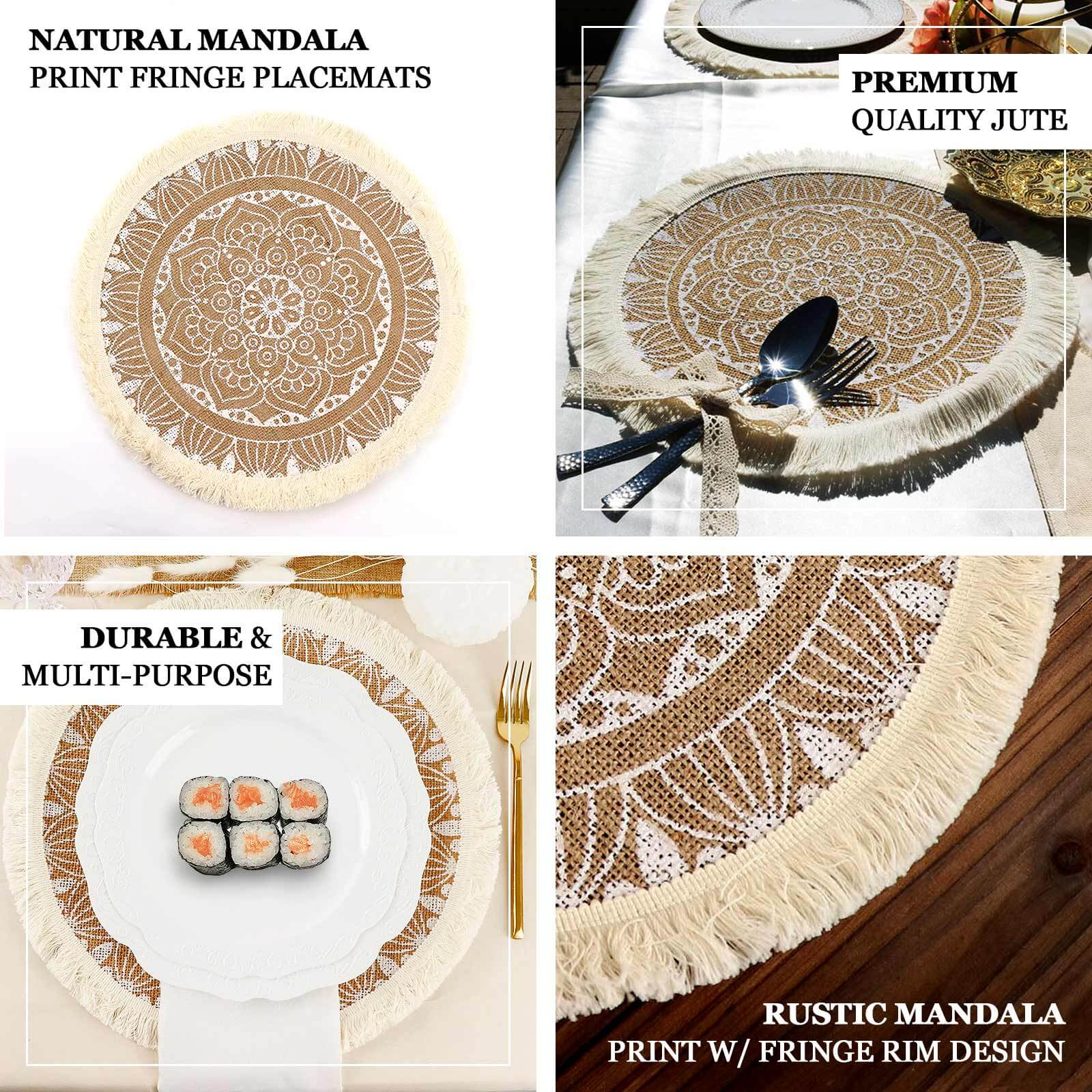 4-Pack Placemats Mandala Print Fringe Design Natural Jute and White Round - Rustic Burlap Tassel Style 15