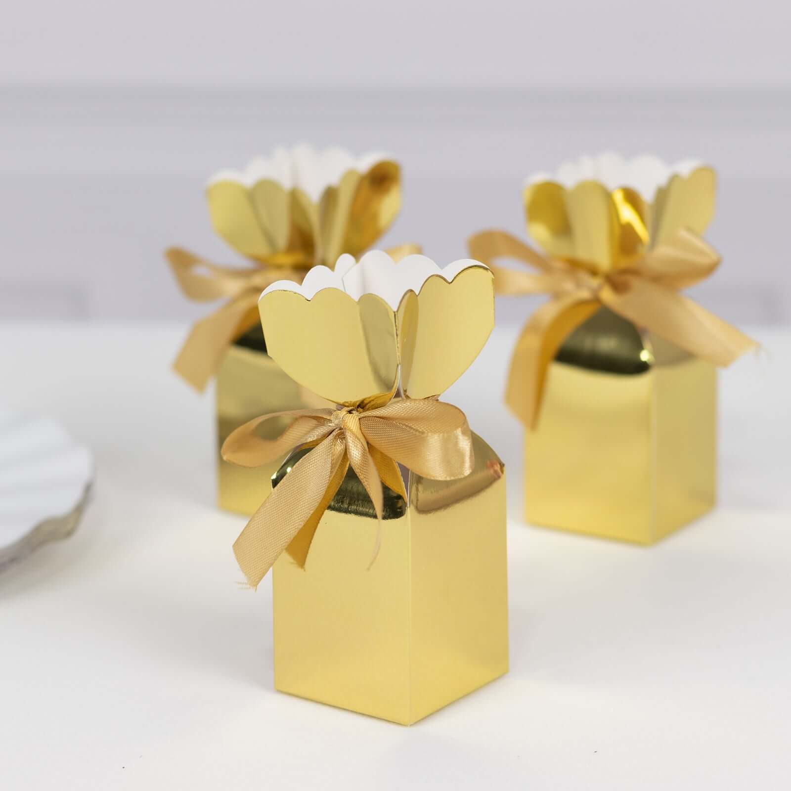 25 Pack Gold Floral Top Satin Ribbon Party Favor Candy Gift Boxes