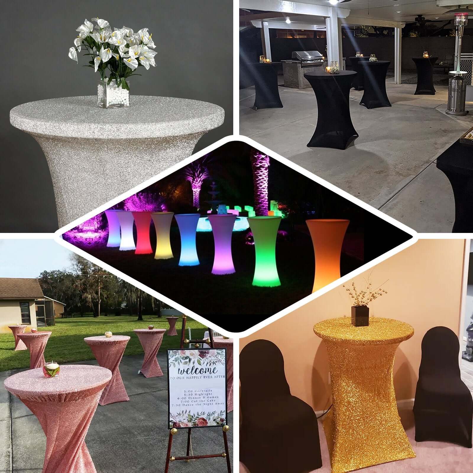 Metallic Spandex 36 Fitted Glitter Round Cocktail Table Cover Rose Gold - Stretch Fit for High Top Tables