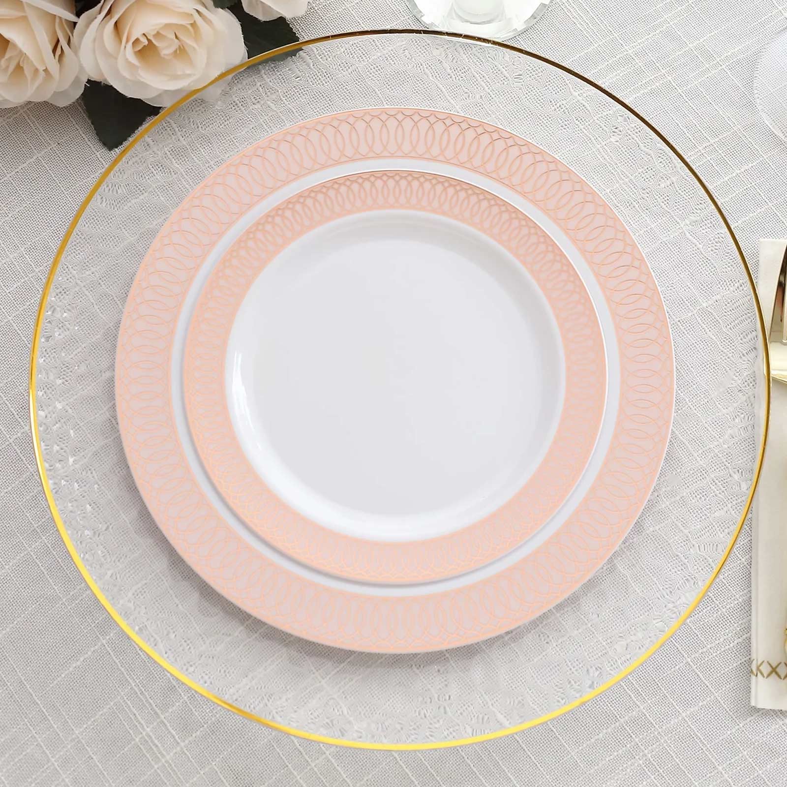 10-Pack Plastic Round Dessert Plates 7 White with Blush Rose Gold Spiral Rim - Chic Disposable Salad Plates for Events & Banquets