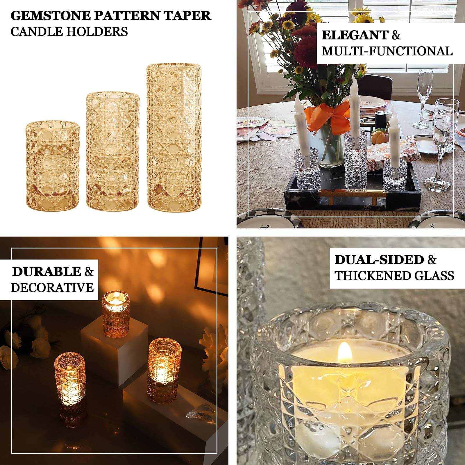 Set of 3 Glass Taper Candle Holders Amber Gold with Gemstone Pattern - Dual Sided Crystal Cylinder Tealight Stands 3, 4, 5.5