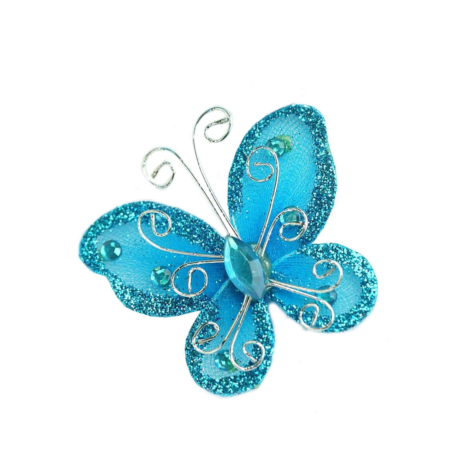 12 Pack 2 Turquoise Diamond Studded Wired Organza Butterflies