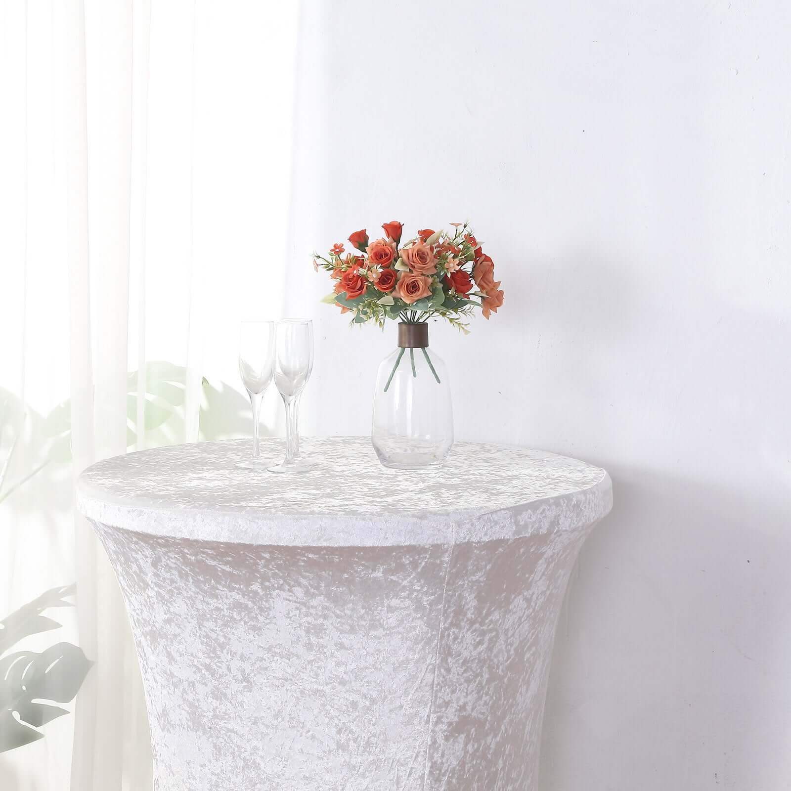 Crushed Velvet Spandex 32 Round Cocktail Table Cover White Highboy Tablecloth - Smooth & Polished Party Decor