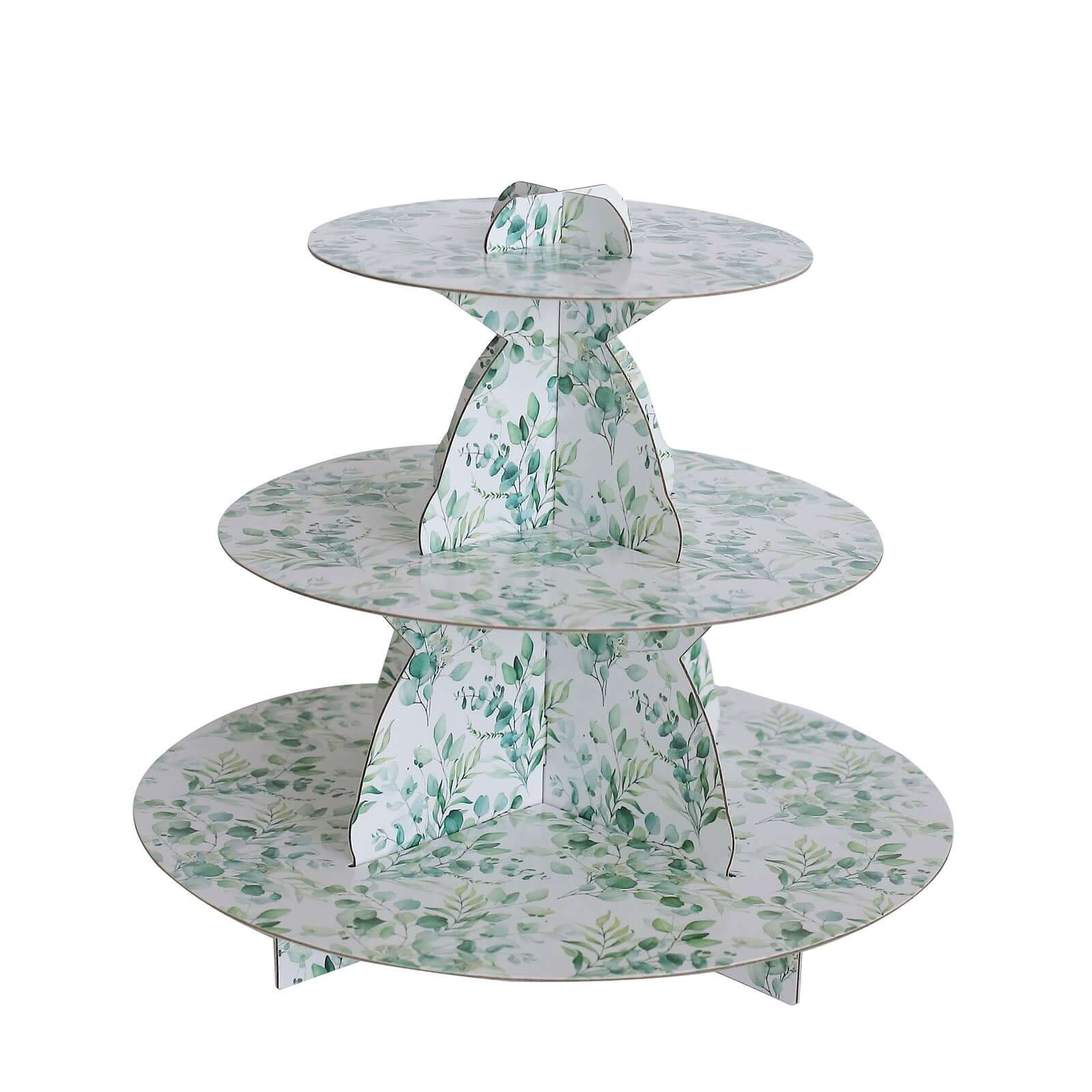 3-Tier Cardboard Cupcake Stand White with Green Eucalyptus Leaves Pattern - Reusable Dessert Display Stand Round Serving Platter for High-Tea Gatherings Weddings & Spring Celebrations 11