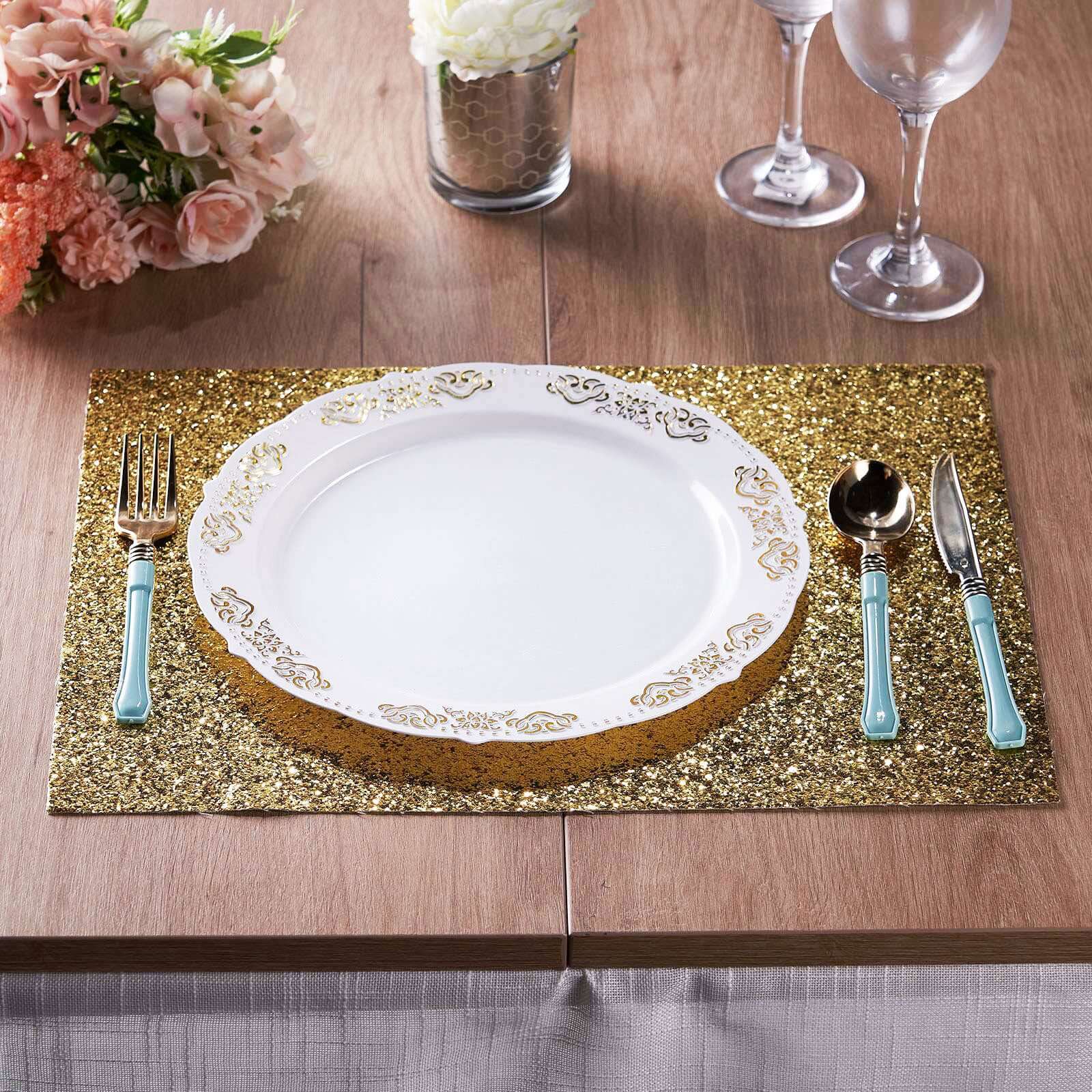 6-Pack Placemats Glitter Design Champagne Sparkle Rectangle - Non-Slip Decorative Dining Table Mats 12x18