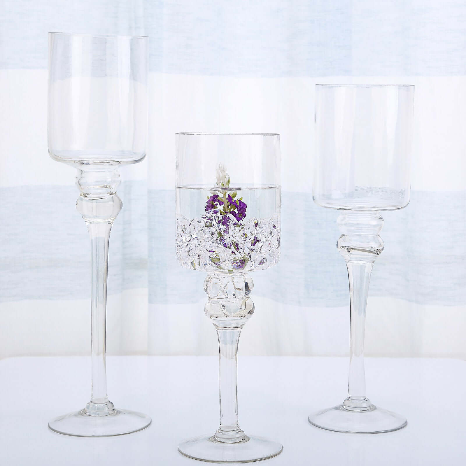 Set of 3 Glass Cylinder Vases Long Stem Clear - Decorative Candle Holder Floral Centerpieces 12, 14, 16