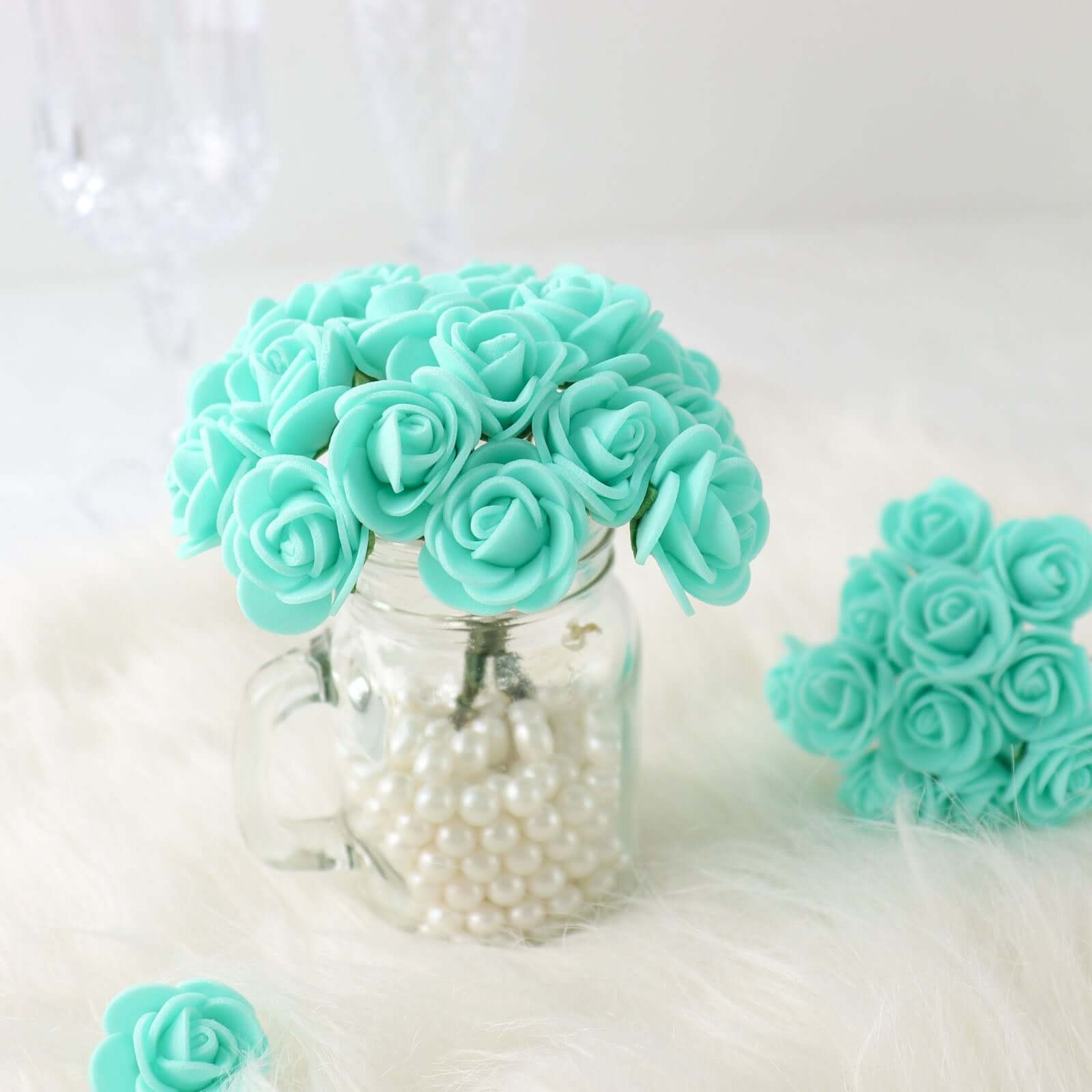 48 Roses 1 Turquoise Real Touch Artificial DIY Foam Rose Flowers With Stem, Craft Rose Buds