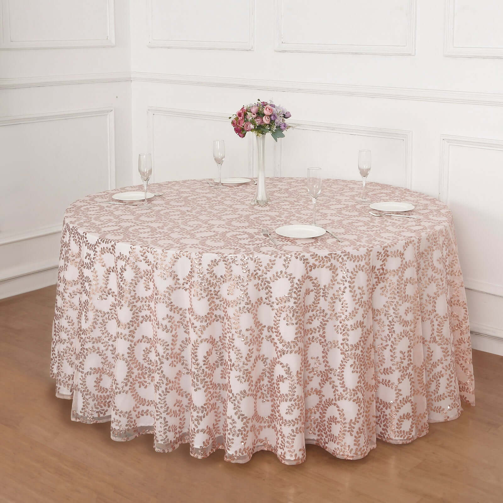 Tulle 120 Round Tablecloth Rose Gold - Seamless Sequin Leaf Embroidered Table Cover