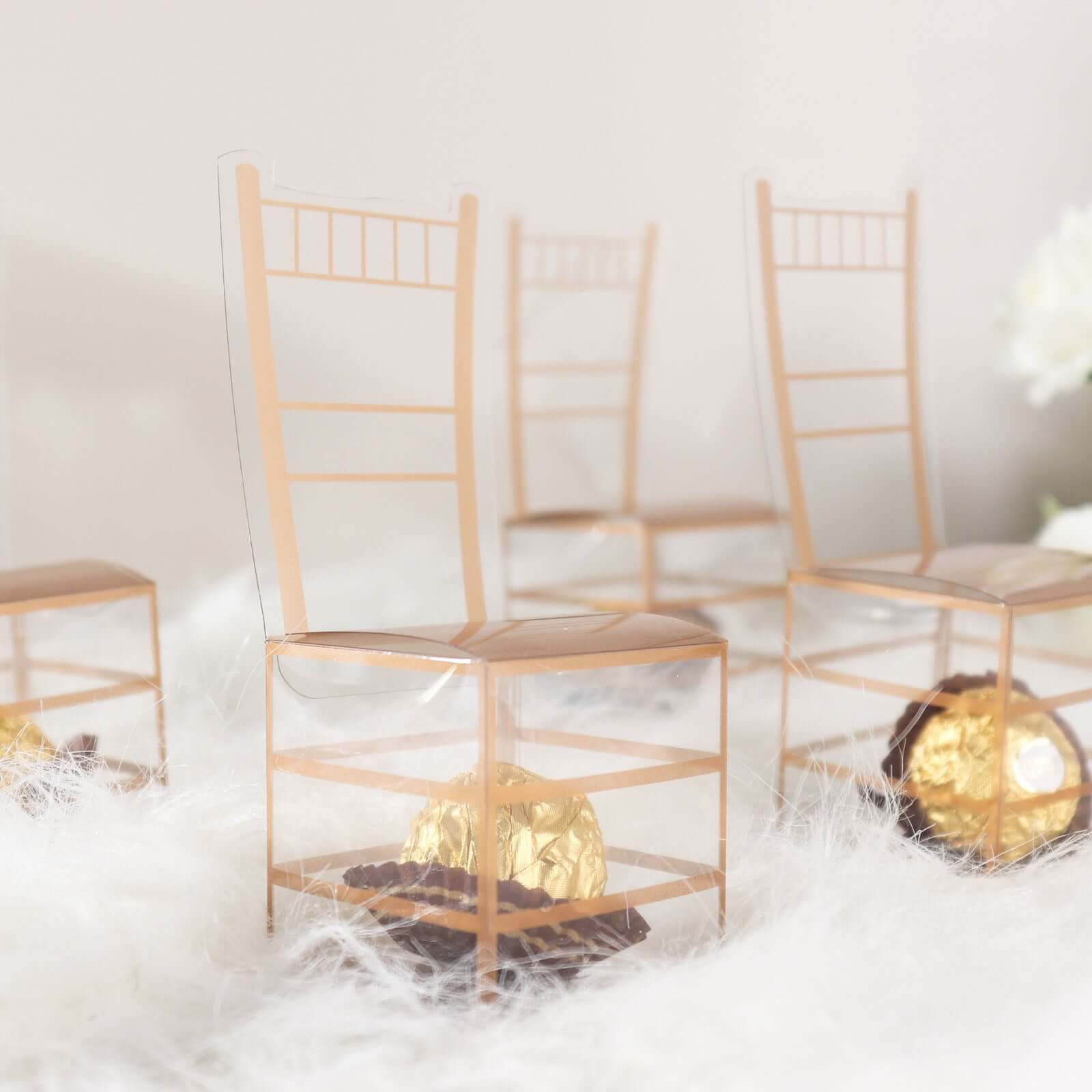 25 Pack Clear and Gold PVC Chiavari Chair-Shaped Party Favor Candy Gift Boxes - 2x5