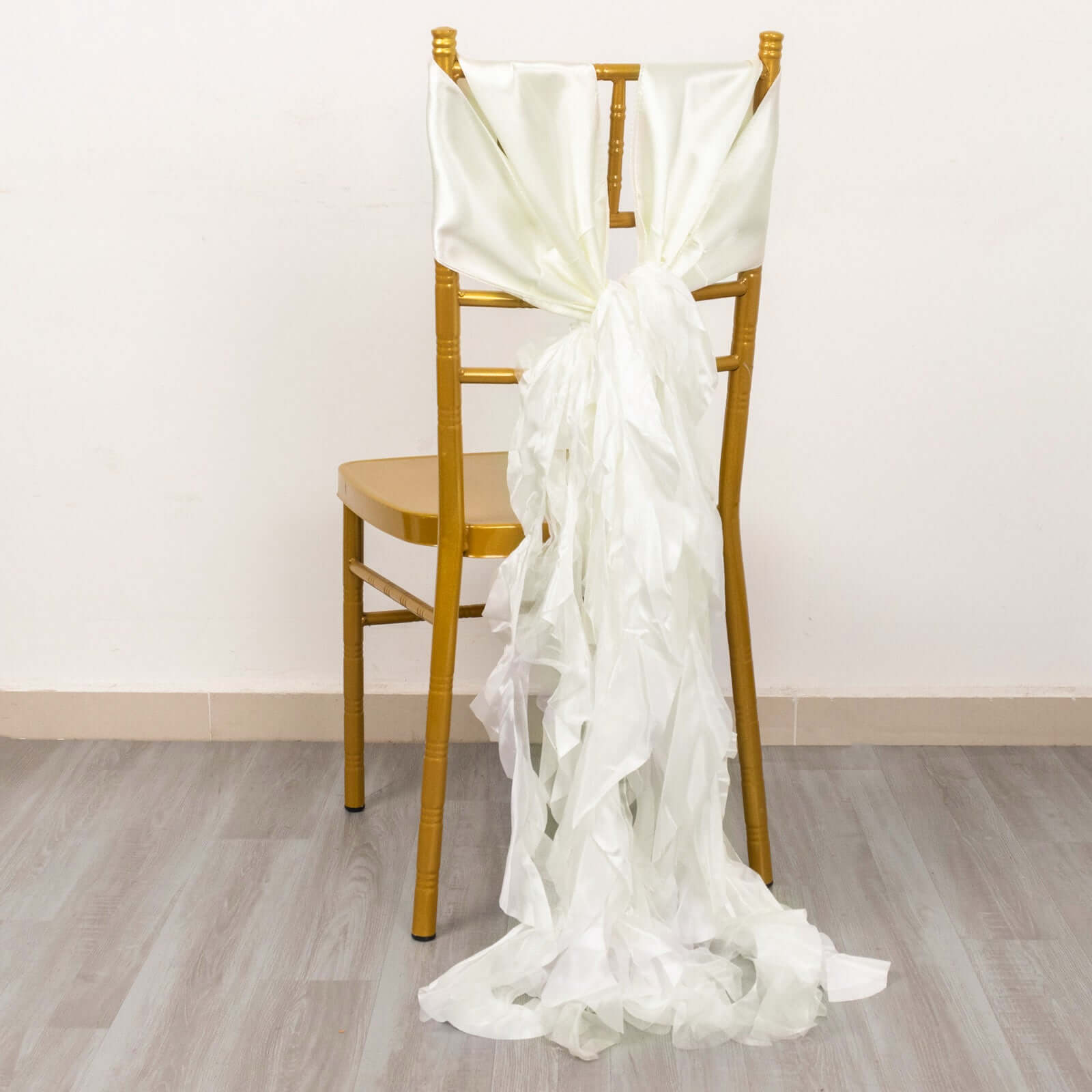 5 Pack Chiffon Satin Chair Sashes Ivory - Easy to Install Ruffled Curly Willow