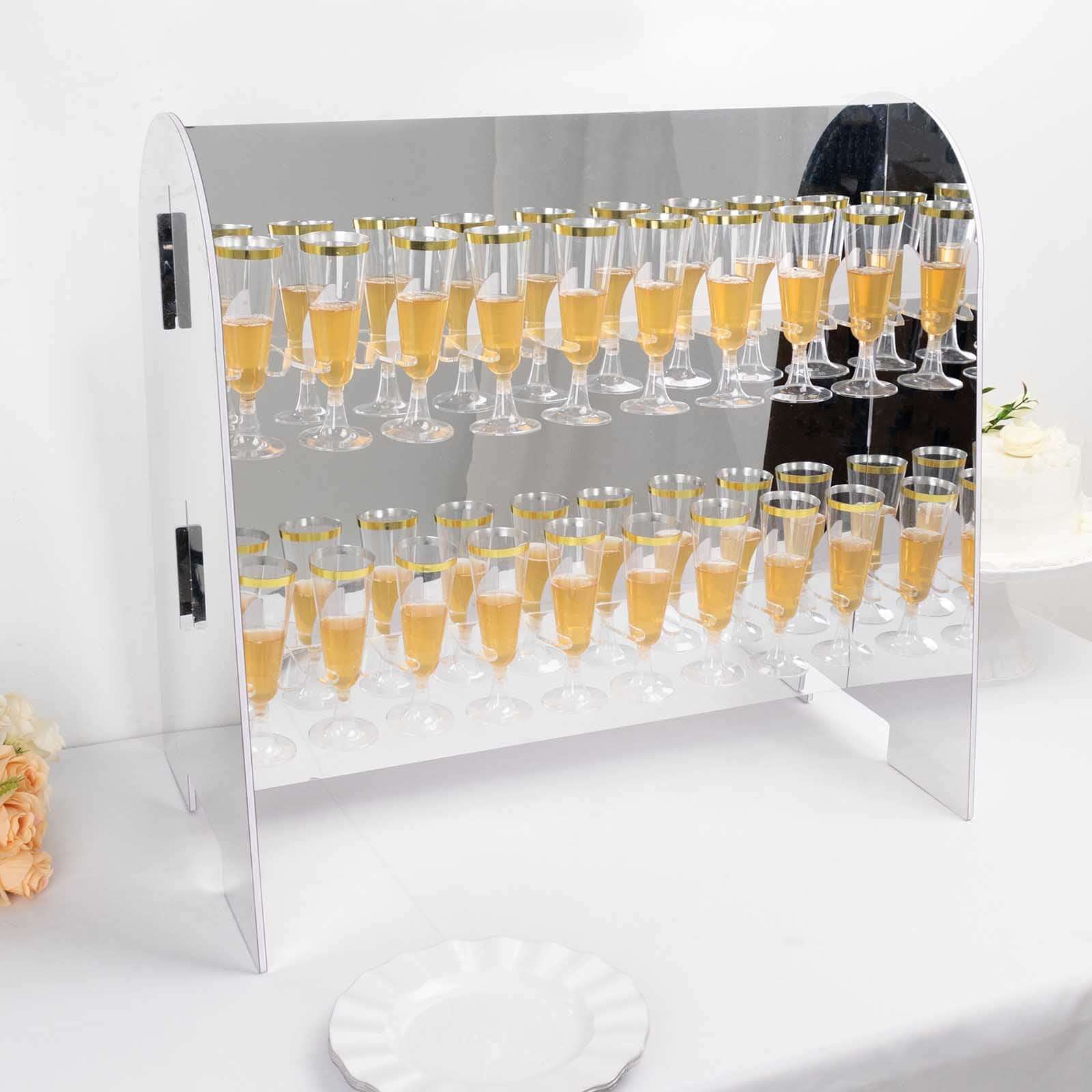 2-Tier Champagne Glass Holder Display Stand Table Top in Silver Mirror Finish - Modern Stemware Rack Cocktail Drink Holder with 18 Hooks for Events & DIY Bars 25