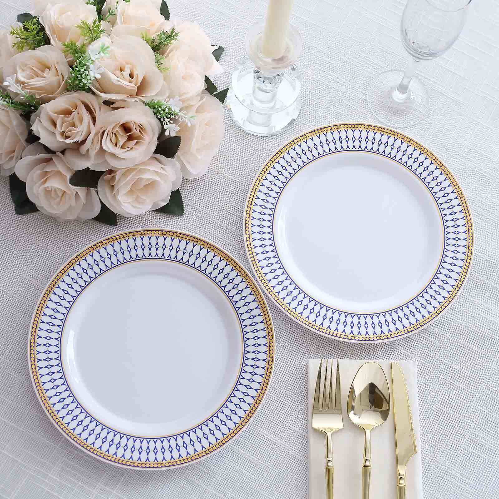 10-Pack Plastic 9 Round Dinner Plates in White with Gold Navy Blue Chord Rim - Renaissance Style Disposable Plates for Events & Banquets