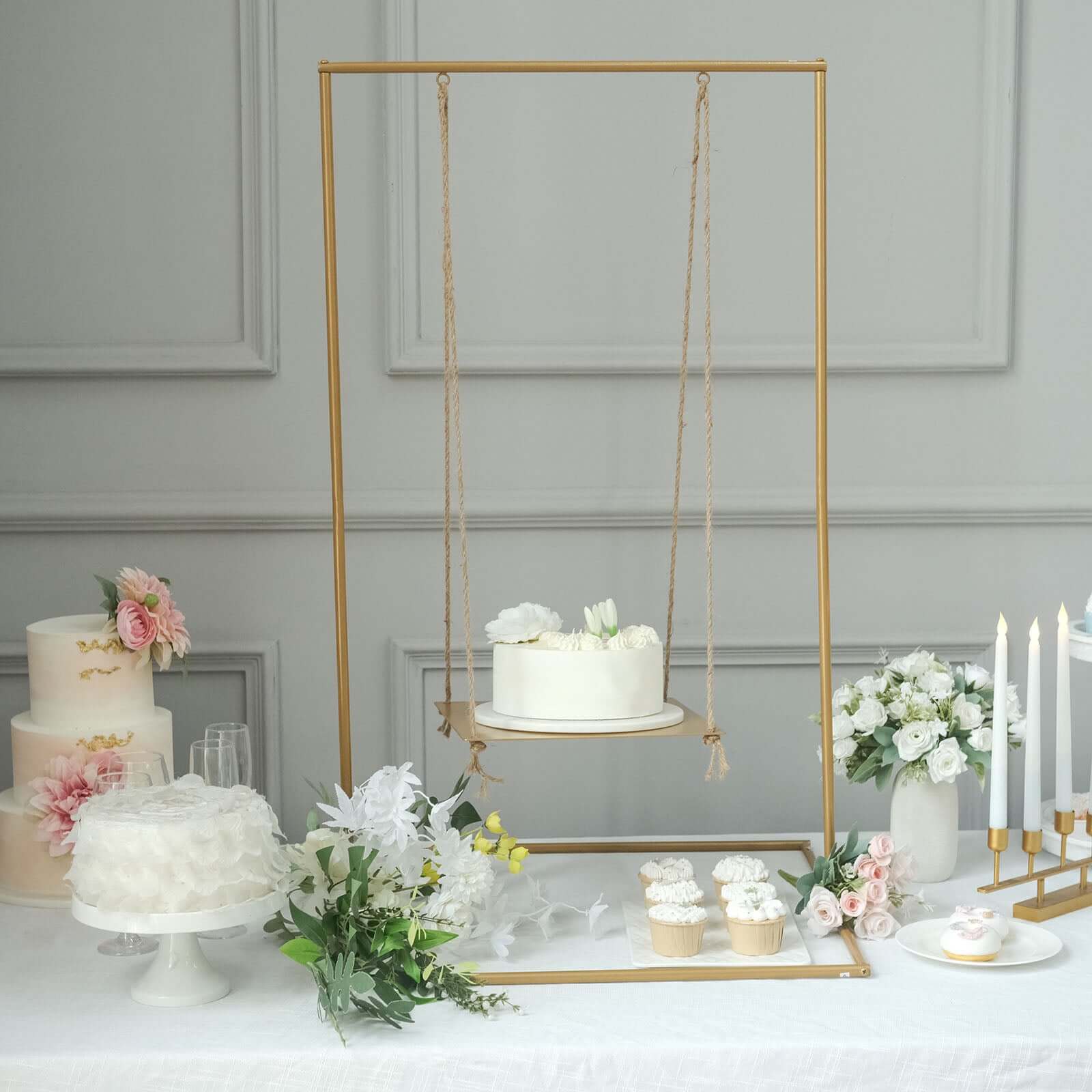 Metal Cake Swing Stand with Jute Rope Gold - Chic Hanging Dessert Display Centerpiece for Upscale Event Table Decor 3ft Tall